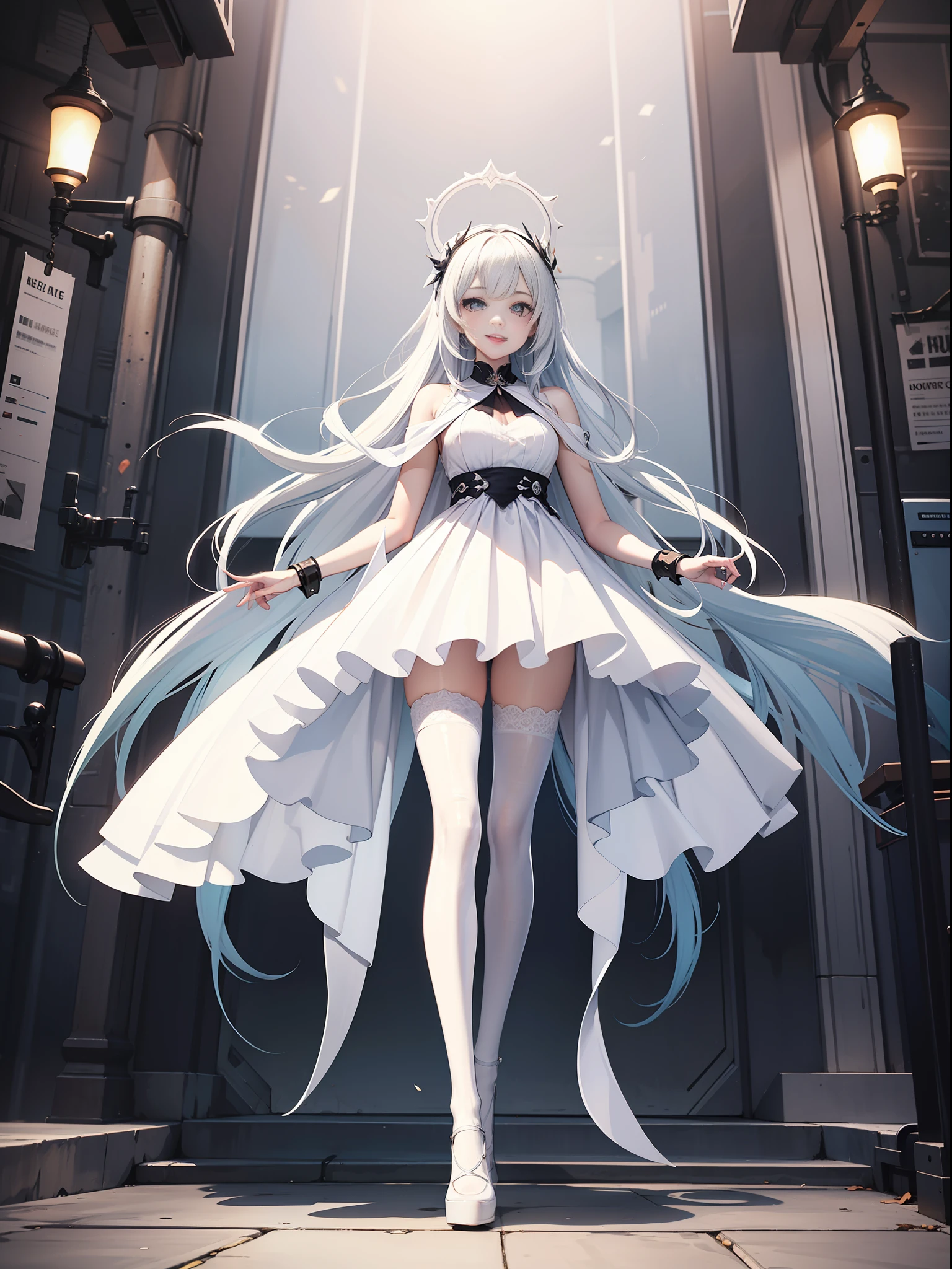 concept character, concept-art, Super white skin, Super big eyes, White skirt, captivating posture, gorgeous hairstyle, white gradient hair color, Playful, memorable, Big smile, upturned mouth, dimpled face, imagination, Visual impact, unreal engine 5 render, skin subsurface scattering, high sampling, high pixel count, extreme facial detail, AAA level, cinmatic lighting, expensive commercial retouching, commercial post production studio lighting,Full body photo,white stockings