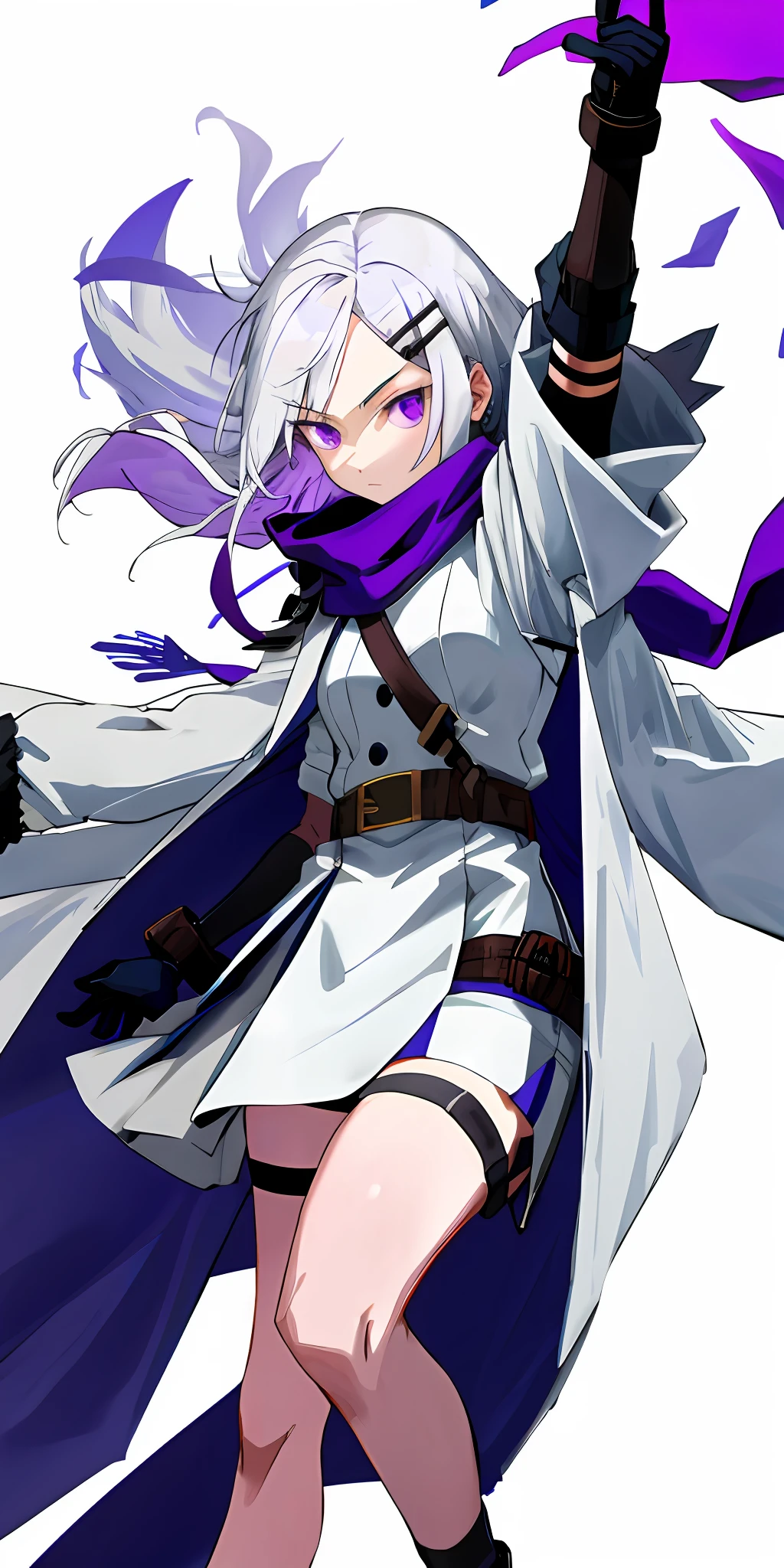 side locks,hair intakes,White hair,wind coat,Skirt,Scarf, mitts, leg belt, arm strap, hair pin, ,Purple eyes,