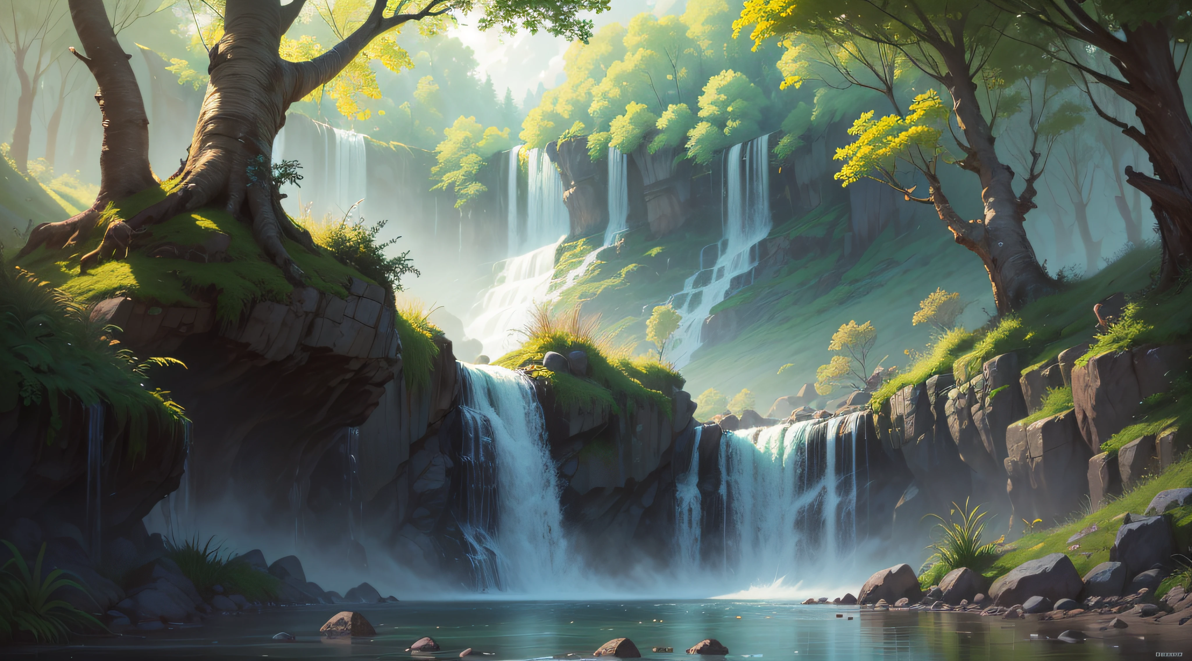 (A magical forest with a stream and high waterfalls.:1.1), motor irreal, cinematiclighting, arte conceitual, chiaroscuro, profundidade de campo, UHD, ((super detalhe, alta qualidade, melhor qualidade, preciso, 16k)),1772Pixel-1280Pixel, natural scenery, fora, HDR, ornamentado, alto detalhe, detalhes intrincados, hiperdetalhado:1.15, fundo detalhado, Water and paint, (estilo de (Greg Rutkowski:1.0) e (Darek Zabrocki:0.8) e (Andreas Rocha:0.8):1.2), rochas gigantescas, sky with clouds, lua, sol, planetas,