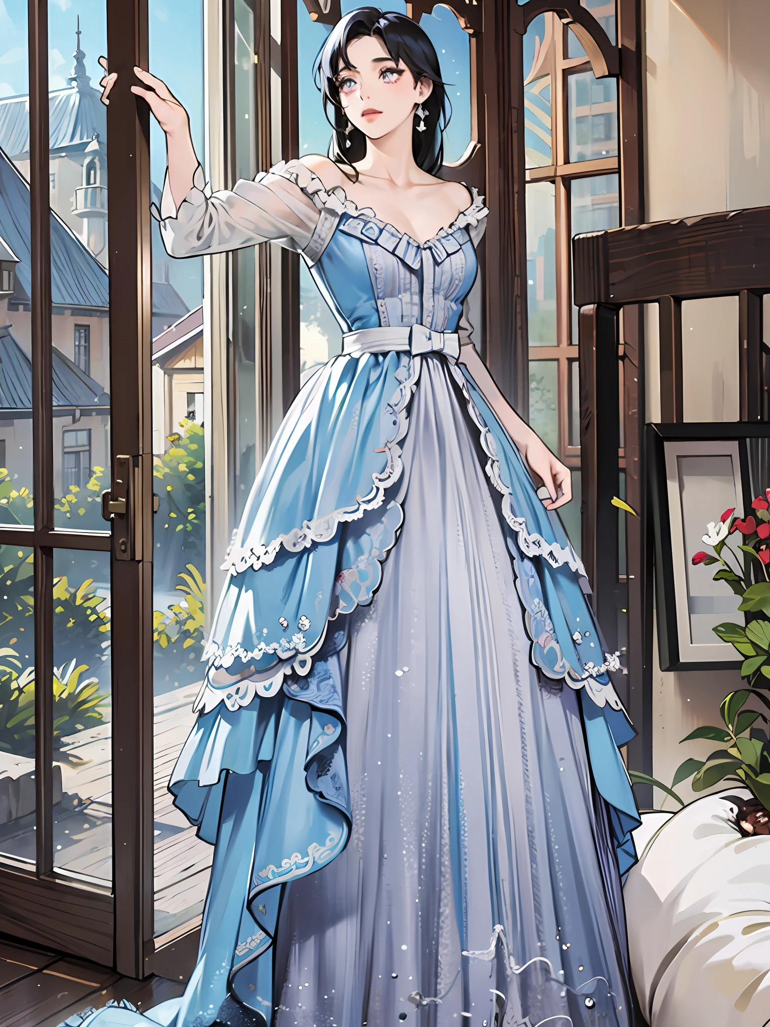 a woman in a blue dress standing in front of a door, magical dress, icey blue dress, soft elegant gown, fantasy dress, ethereal fairytale, elegant dress, victorian blue dress, wearing an evening gown, very magical and dreamy, long blue dress, wearing long gown, astral dress, romantic dress, wearing organza gown, sky - blue dress, a blue dress, blunt bangs, dark blue hair, purple eyes