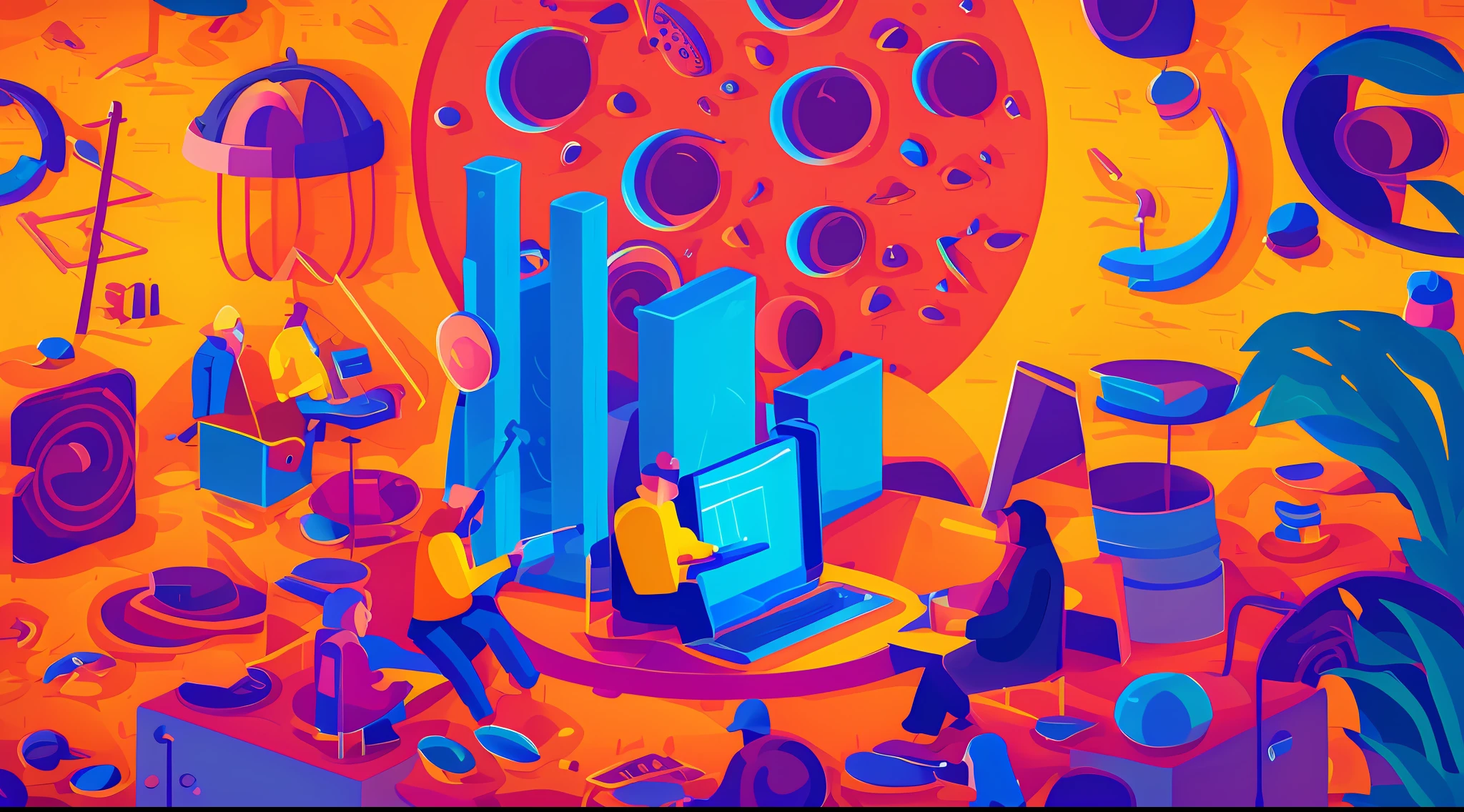 There is a red background, yellow moon and a man is working with laptop, flat illustration, 3D grainy aesthetic illustration, digital illustration style, detailed 2D illustration, designed by Ivan Generalić, inspired by Ivan Generalić, a beautiful artwork illustration, 2D illustration, 2D illustration, 3D illustration, 3D illustration