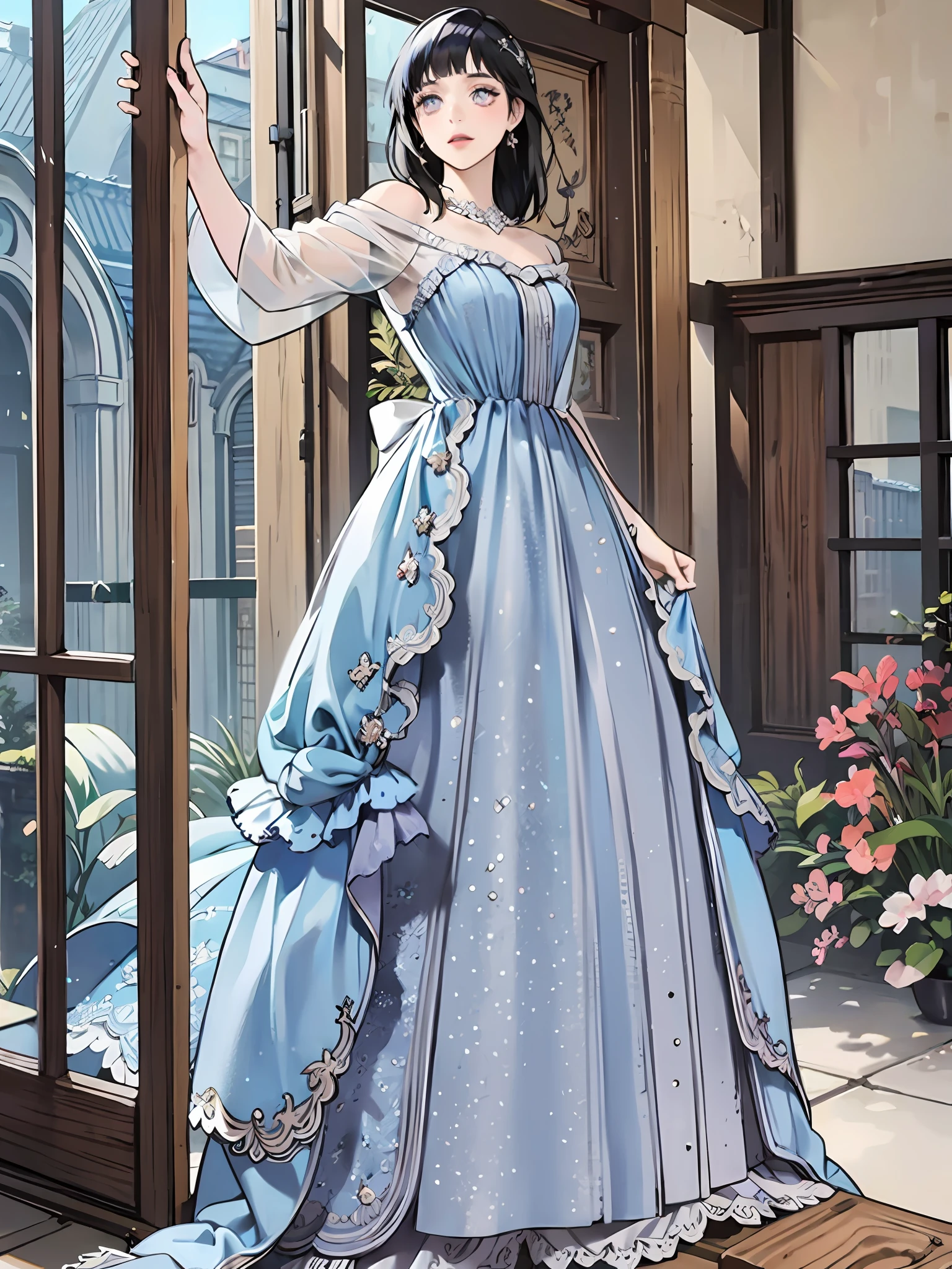 a woman in a blue dress standing in front of a door, magical dress, icey blue dress, soft elegant gown, fantasy dress, ethereal fairytale, elegant dress, victorian blue dress, wearing an evening gown, very magical and dreamy, long blue dress, wearing long gown, astral dress, romantic dress, wearing organza gown, sky - blue dress, a blue dress, blunt bangs, dark blue hair, purple eyes
