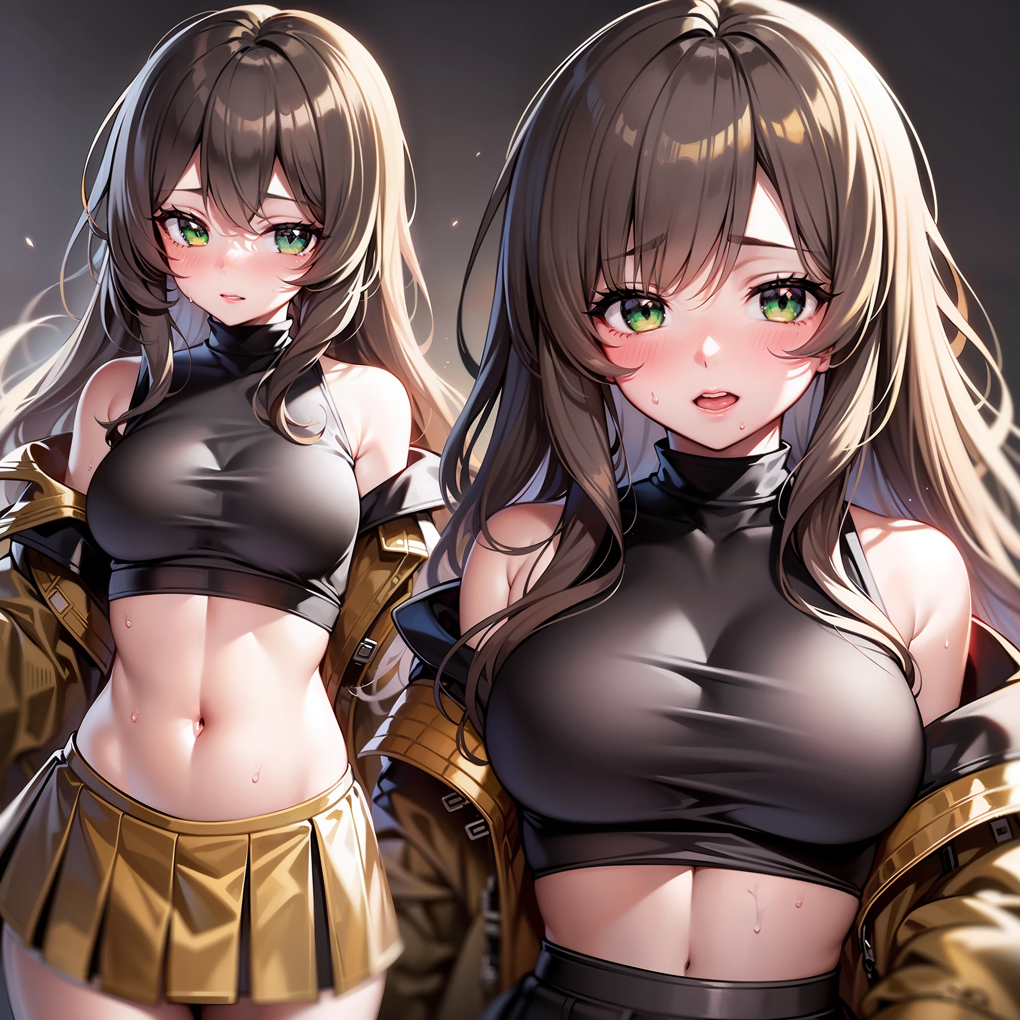 (Golden Ratio:1.2),[(black background:1.4)::10],(masterpiece), (best quality), (ultra detailed),(disheveled hair),(illustration),(1girl:1.3),solo,(domination loss:1.2)+(loli:1.2),blush,blone hair,(green eyes),sweat,children's shirt,mini skirt
