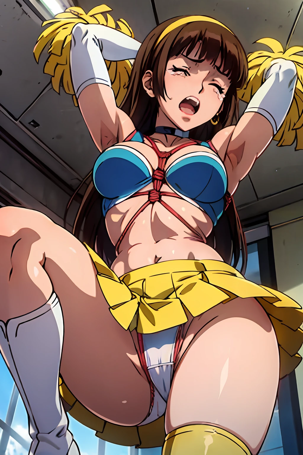 1990s,(style), (cel anime:1.1), official art,extremely detailed CG unity 8k wallpaper, perfect lighting,Colorful, Bright_Front_face_Lighting, (masterpiece:1.0),(best_quality:1.0), ultra high res,4K,ultra-detailed, photography, 8K, HDR, highres, absurdres:1.2, Kodak portra 400, film grain, blurry background, bokeh:1.2, lens flare, (vibrant_color:1.2),(from very below,ceiling:1.2),perfect anatomy,upskirt:1.3,brown hair,long hair,ponytail,yumi sayaka, (cute cheerleader uniform,micro miniskirt:1.3) (knee boots:1.3), choker, white gloves, choker, elbow gloves, jewelry, earrings, cowboy shot, 1990s,(style), indoors, (shiny skin), medium breasts,1990s,(style),(frown,shame, embarrassed,anger,furrowed brow,closed eyes tightly,crying,tearly,opened mouth,screaming,full-face blush,:1.3) ,arms up,shibari,(shibari over clothes:1.6),bdsm,(bound wrists together:1.1),panties,cameltoe, erotic,(leg up,stand split leg, i-balanced,toe up, show white-high-cut-panty from micro-miniskirt:1.5),arched back,panties focus,pectoral cleavage,gipple,standing,