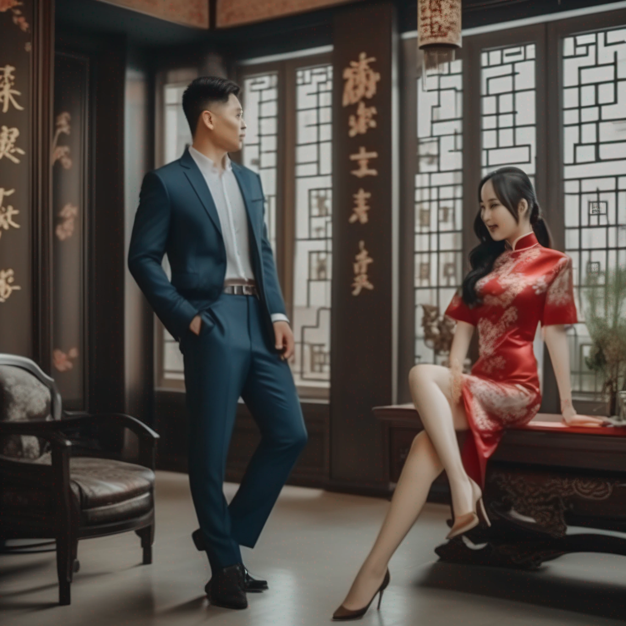 A handsome man in a suit holds a cheongsam beauty in group high heels in the manor