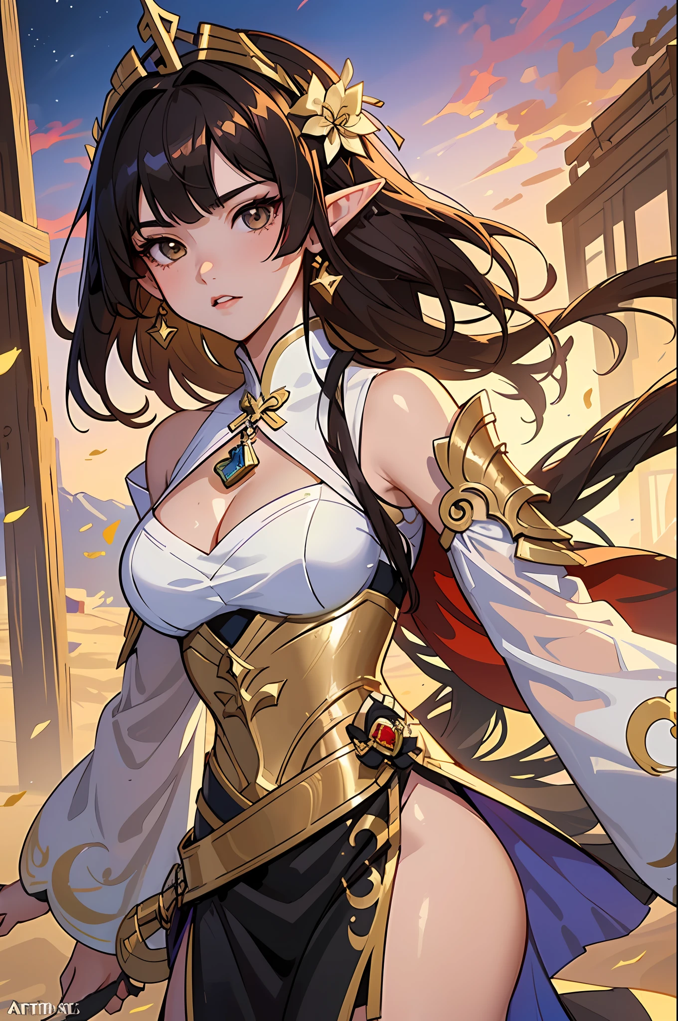 ((1 woman in a gold Saint's costume,extremely detailed artgerm)), anime goddess, ayaka genshin impact, wlop rossdraws, keqing from genshin impact,, gorgeous female paladin, alluring elf princess knight, artgerm and rossdraws,Gold mesh headdress pendant,dark brown hair,Desert court setting