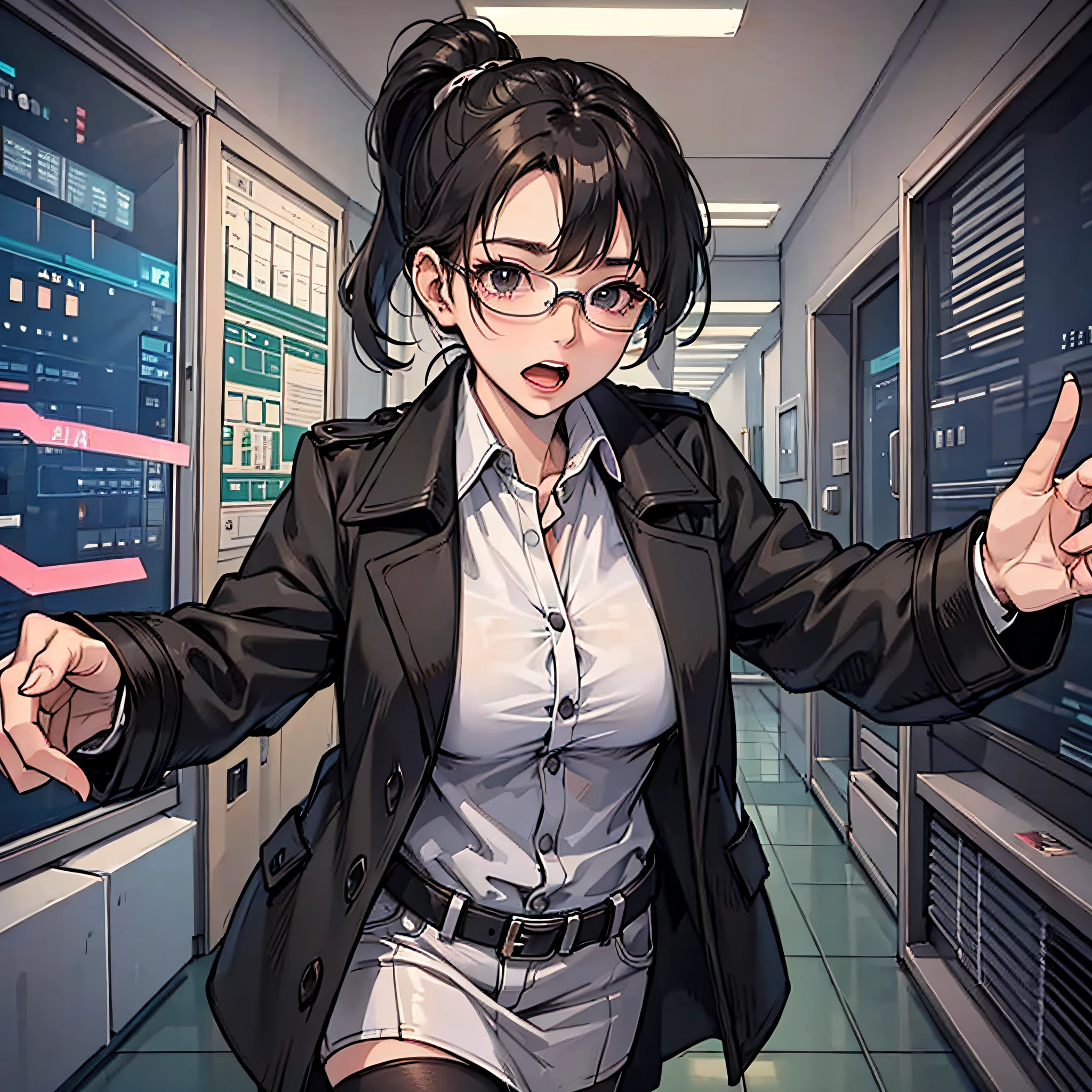 A woman with a black ponytail,Wear a black trench coat,Surprised expression,ran,the night,hospitals,Lab Room