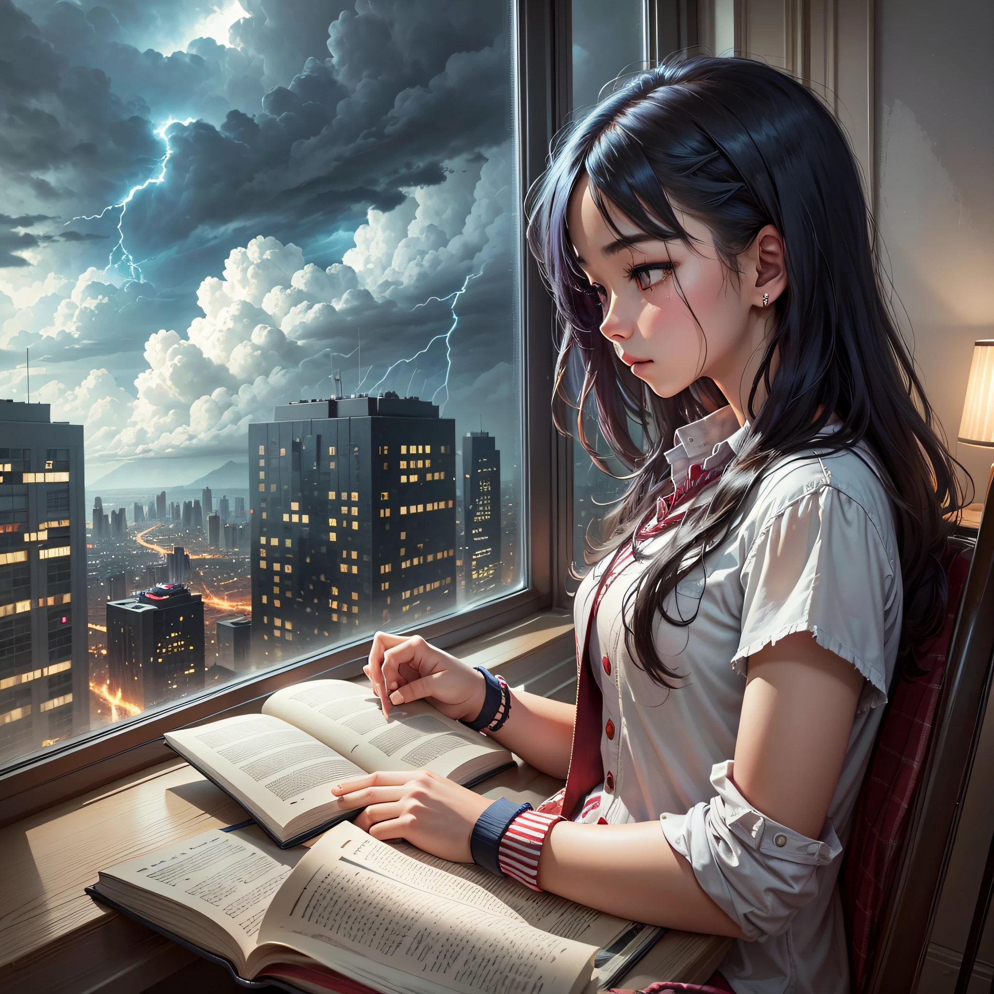 A teenager sat by the window reading a book, the clouds outside the window were thick, lightning and thunder, the atmosphere was depressed, and the style was gloomy --auto --s2