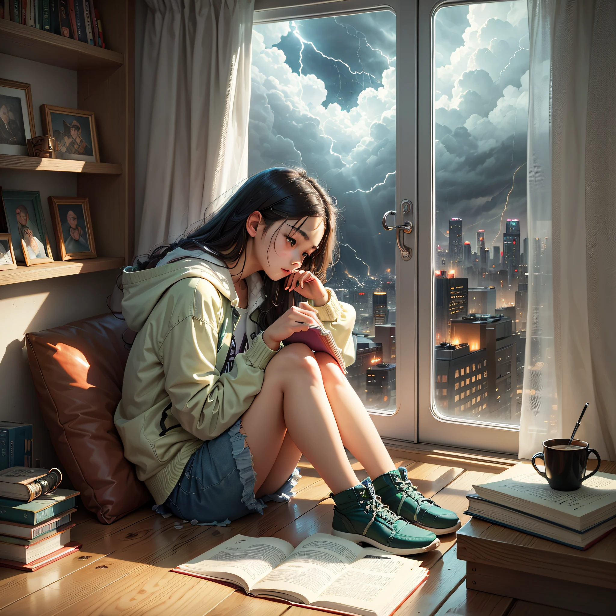 A teenager sat by the window reading a book, the clouds outside the window were thick, lightning and thunder, the atmosphere was depressed, and the style was gloomy --auto --s2