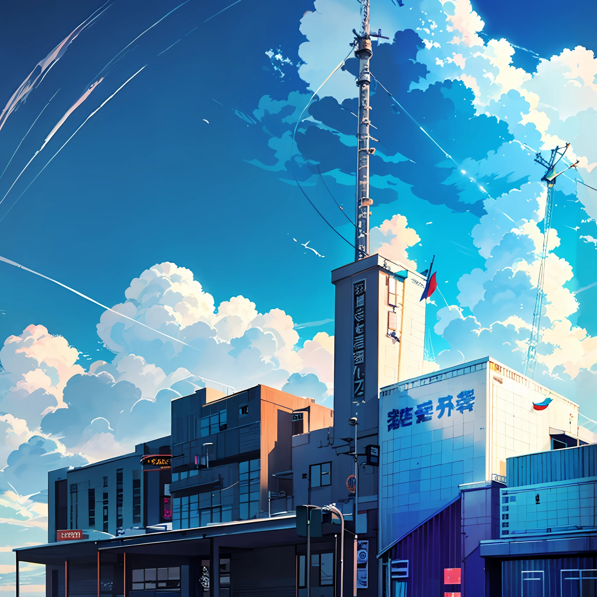 (building dispersed within a simple background), cloud in the background, colorful manga-style color scheme, manga-style color palette, a dynamic glimpse of a manga panel, harmonious color palette.