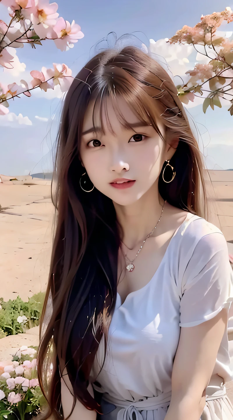 Peach blossom background，Pink floral dress，Asian girl with long hair, With long hair, Fresh face，gorgeous korean young woman, beautiful Korean women, beautiful Korean young women, Urzan, Korean girl, Brown hair long，By bangs, young lovely Korean faces, Gulizaza, cabelos preto e longos, Long hair with bangs