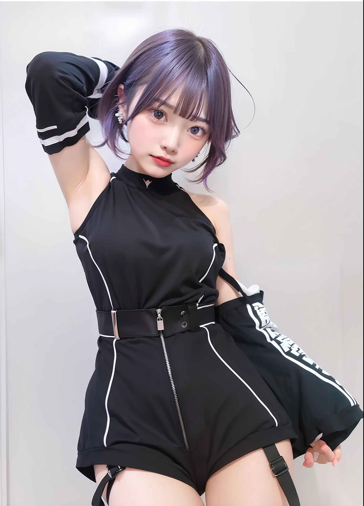 1 dancing girl,purple short hair, black short pants with white line,black tight shirt with white line,blue eyes