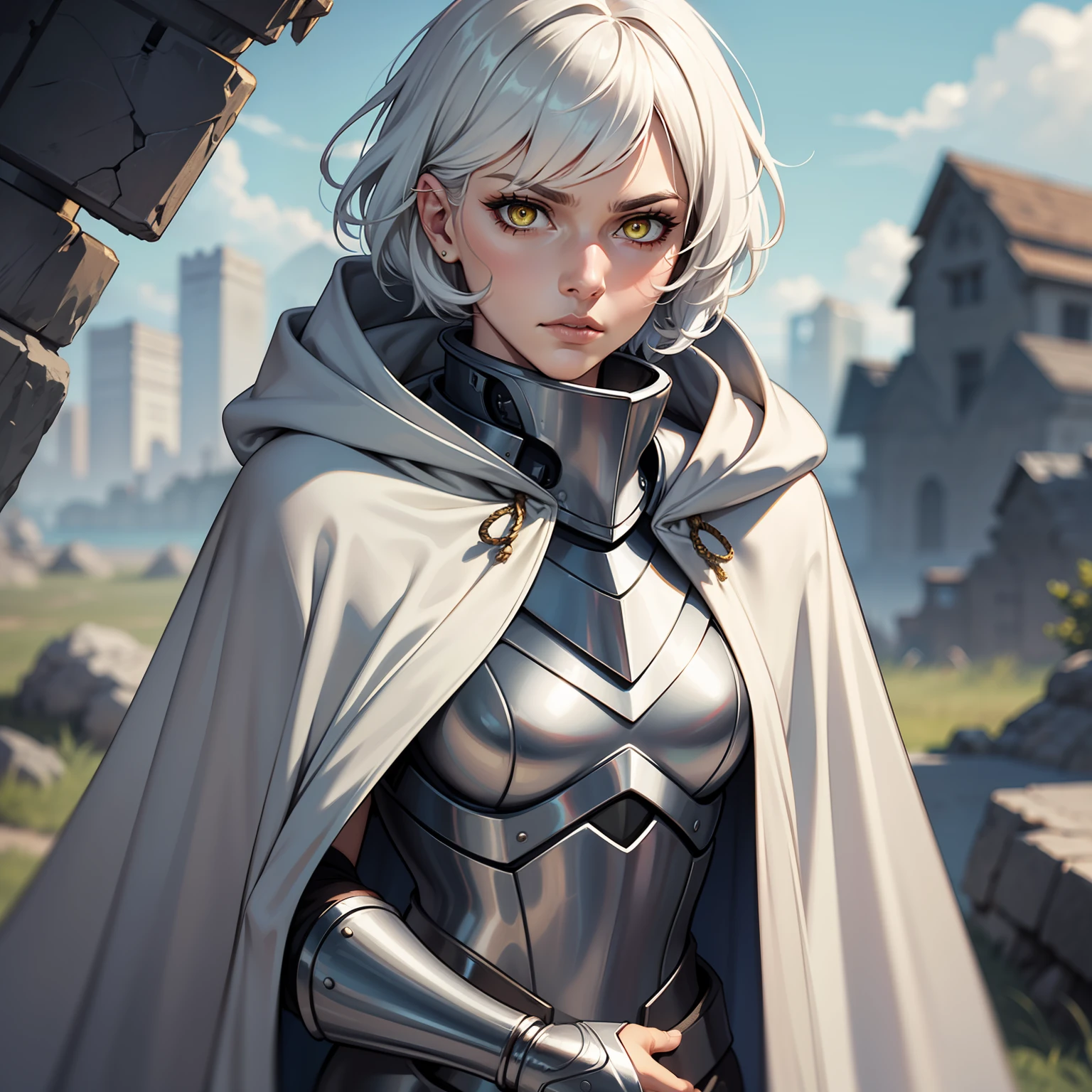 short hair, concentrated face, combat attire, white hair, yellow eyes, full white metal armor, android, human appearance, adult female, dress cape, hooded robe
