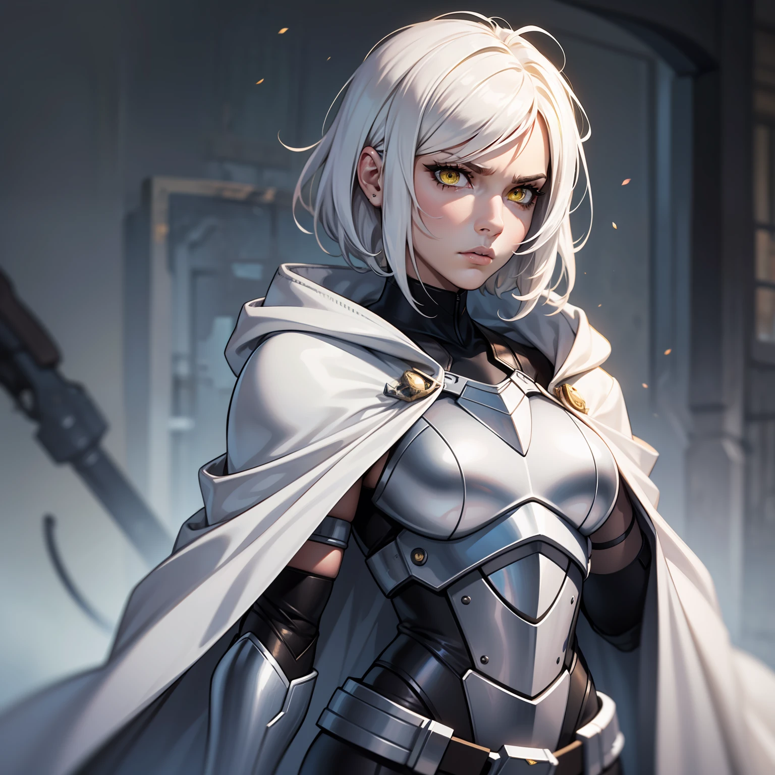 short hair, concentrated face, combat attire, white hair, yellow eyes, full white metal armor, android, human appearance, adult female, hooded robe