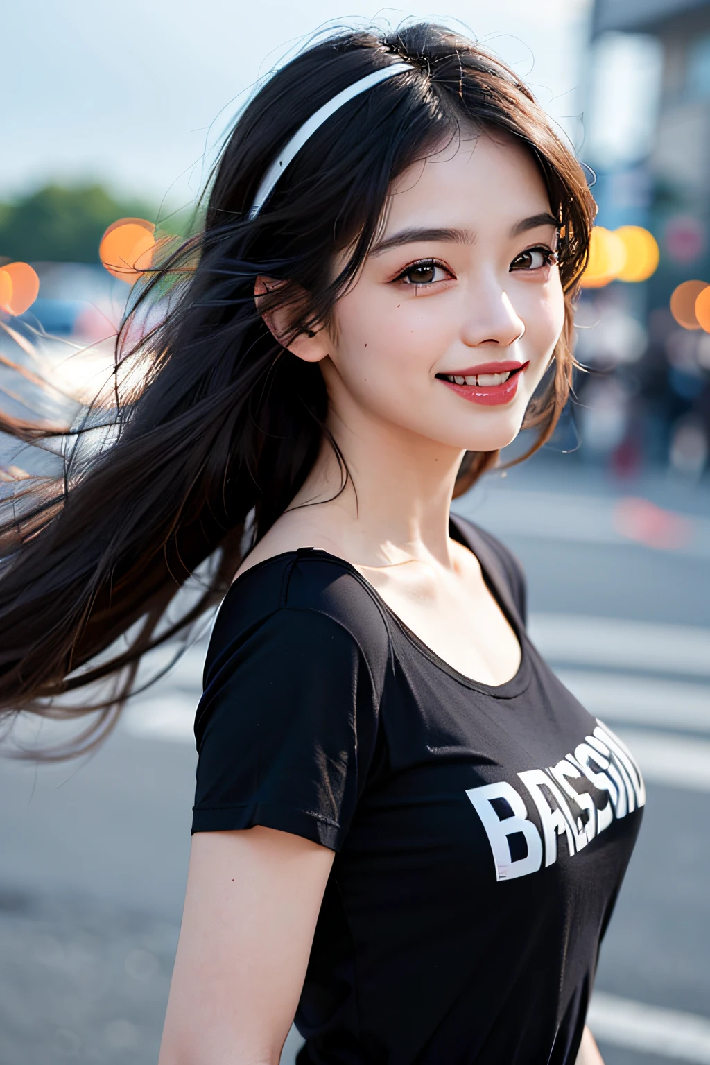 (8k, RAW Photography,beste-Qualit, A high resolution:1.1), (hiper realistic:1.4),(realisitic, photoreallistic:1.3), Soft light,big chest out,babes,lifelike face,Realistic body,real-looking-skin,absurderes,巨作,(cute-cute:1.8), Cuties, 独奏, (hugebreast:1.2), Detailed black eyes,Innocent eyes,blusher,(tshirts:1.2),Cinema Lights,Film Grain,jewlery,耳Nipple Ring,((Medium hair:1.1)),((floating hair novafrogstyle)),Cherry-colored lips,Hair Ribbon,Hair Bow,poneyTail,a closeup,lookig at viewer,length hair, Upper body body, Open lips, Upper teeth, (smiling eyes:0.6), ((Grinning:1.2)),depth of ﬁeld, blurry backround, eyes focus, Bokeh,jung, 85mm Lens, F/1.4,professionally lit, jung,portlate,Photon Mapping,Radio City,physicallybased rendering,no-bra、,CG Social Trends、Plastic En、((Black Long Hair))、((a  beautiful female))、(a smile)、Fashionable、(A sexy)、hair flowing in wind、((Flowing hair))、Happy -、fashion magazine、((lighting like a movie))、Paris,