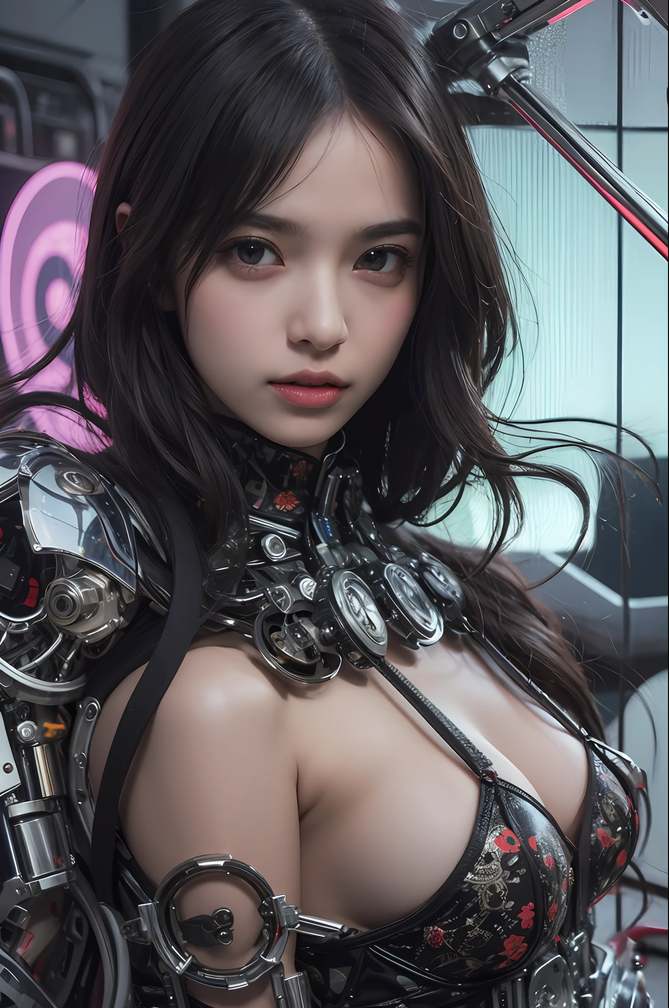beste-Qualit、巨作、ultra-high-resolution、(photoreallistic:1.4)、Raw photo、1人、Black hair、glowy skin、1 Mechanical Girl、((hyper realistic detail))、portlate、Global Illumination、Shadow、octane rend、8K、ultrasharp、Mechanical Girl、big tit、Raw skin is exposed in cleavage、Details of complex ornaments、Gundam details、extremely intricate detail、Realistic light、CGSoation Trends、purple-eyed、radiant eyes、Facing the camera、neon details、Mechanical limbs、blood vessels connected to tubes、Mechanical vertebrae attached to the back、mechanical cervical attaching to neck、sitting on、Wires and cables connecting to the head、Small LED lamp、Fluorescent glowing tubes、