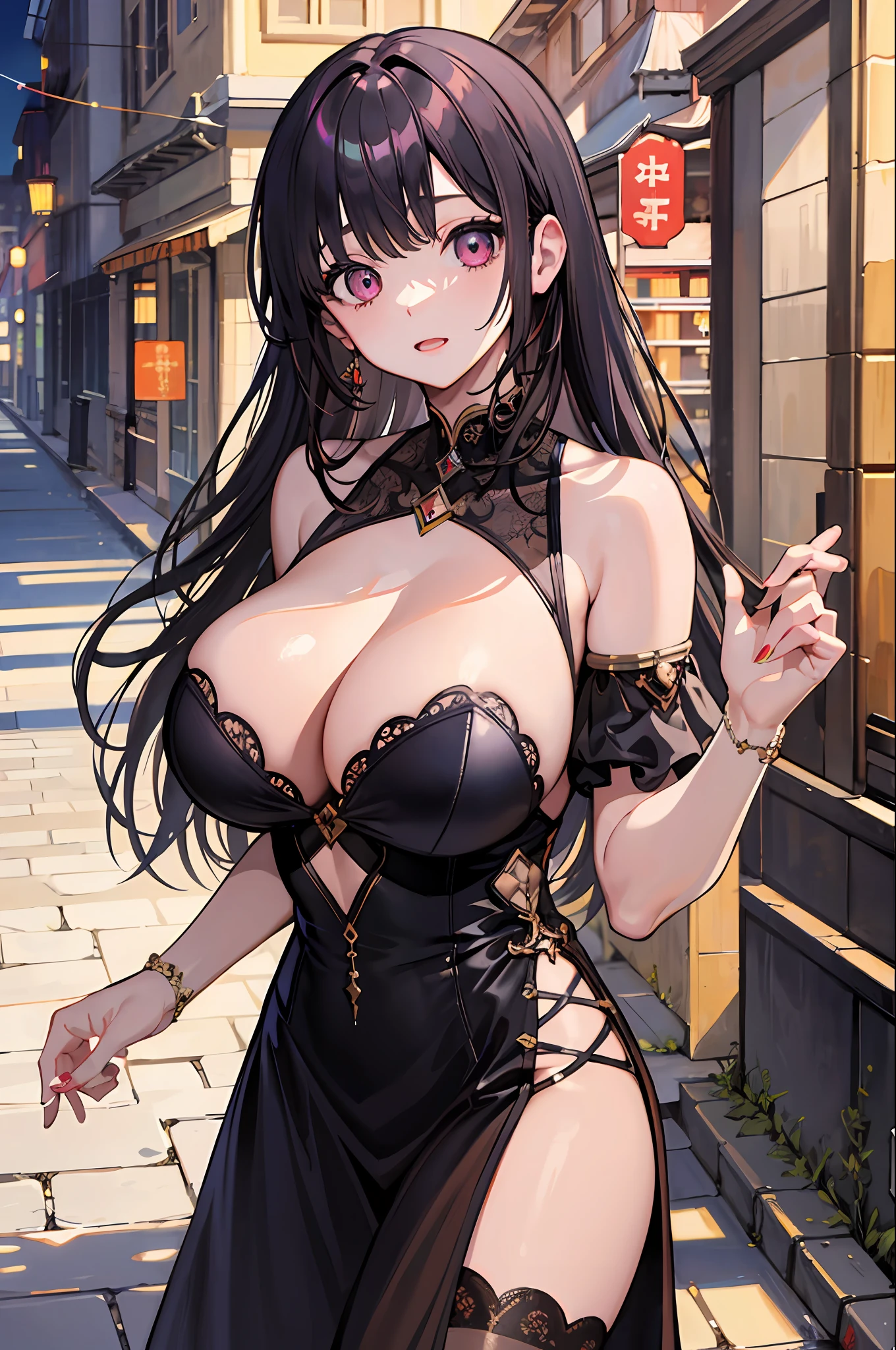masterpaintings, beste-Qualit, 8K quality,1girl huge large breasts, finely quality eyes, blone hair, looking looking at viewer, Princess dress,alley,