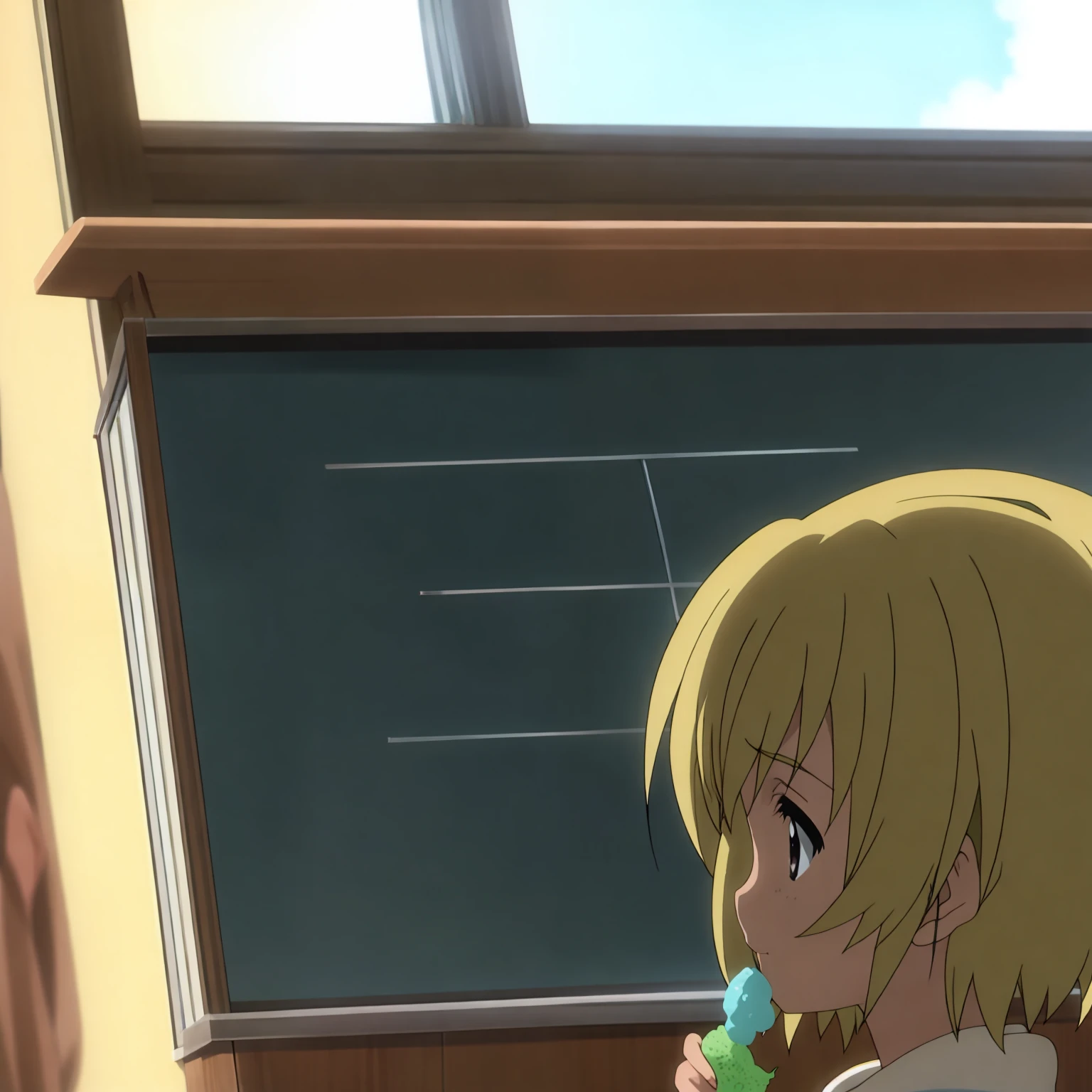 Aniscreen, 1girl, solo, yellow hair, short hair, indoor, having a ice cream, window