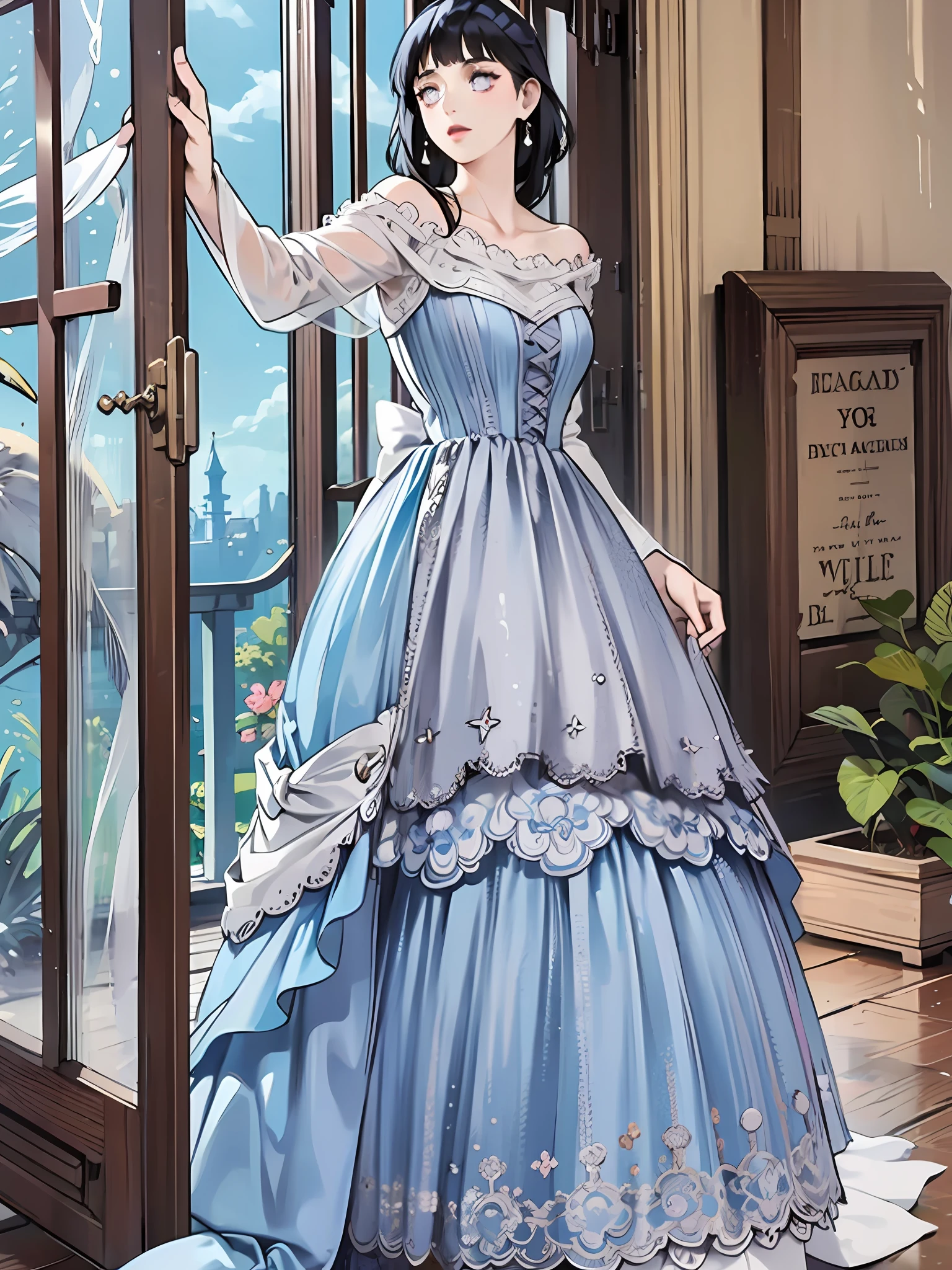 a woman in a blue dress standing in front of a door, magical dress, icey blue dress, soft elegant gown, fantasy dress, ethereal fairytale, elegant dress, victorian blue dress, wearing an evening gown, very magical and dreamy, long blue dress, wearing long gown, astral dress, romantic dress, wearing organza gown, sky - blue dress, a blue dress, (blunt bangs:1.3), dark blue hair, purple eyes, long hair