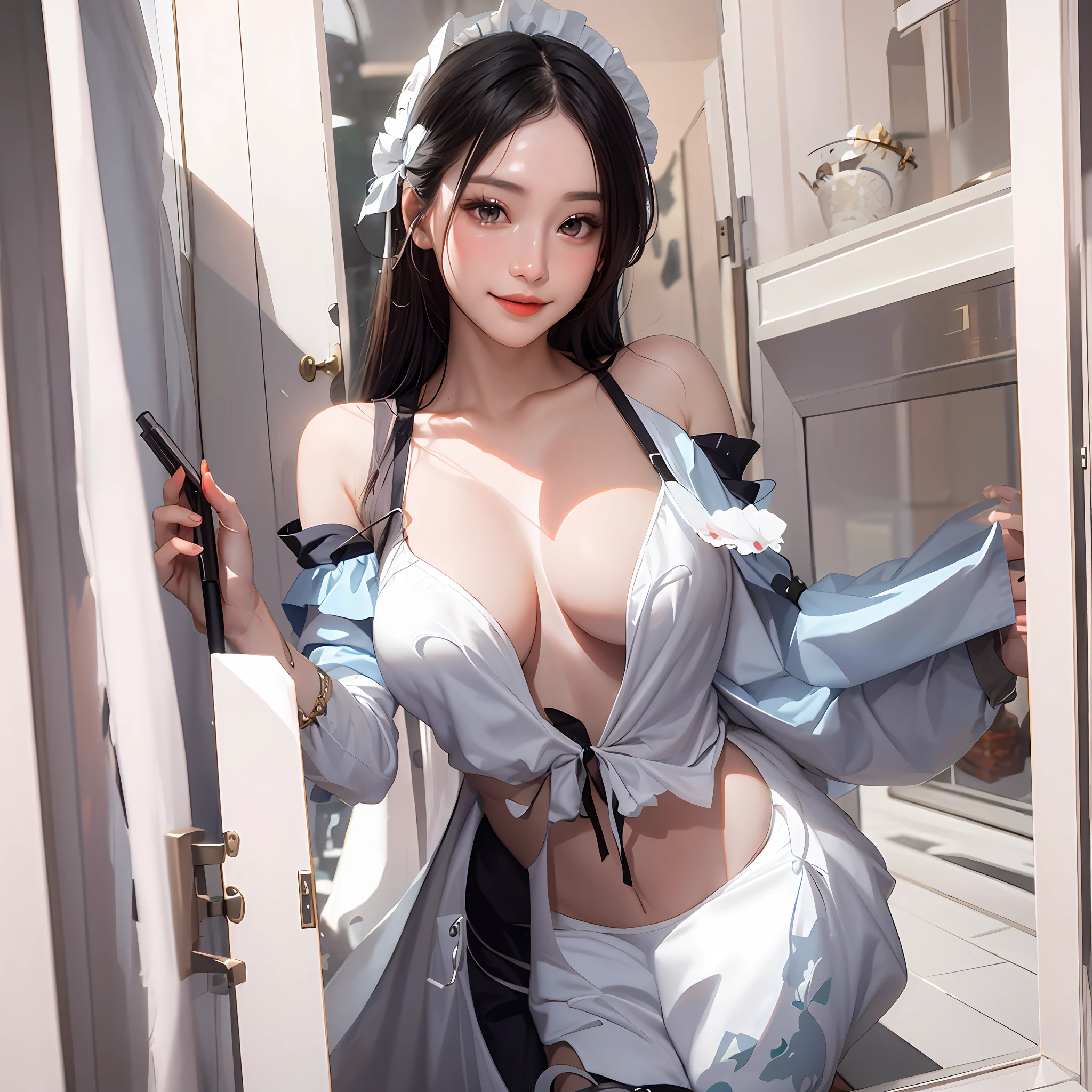 Extremely tender white skin,Beautiful nose bridge,,a beautifulchi girl,Woman,Home,smil,Detailed face,The face is tender and white
