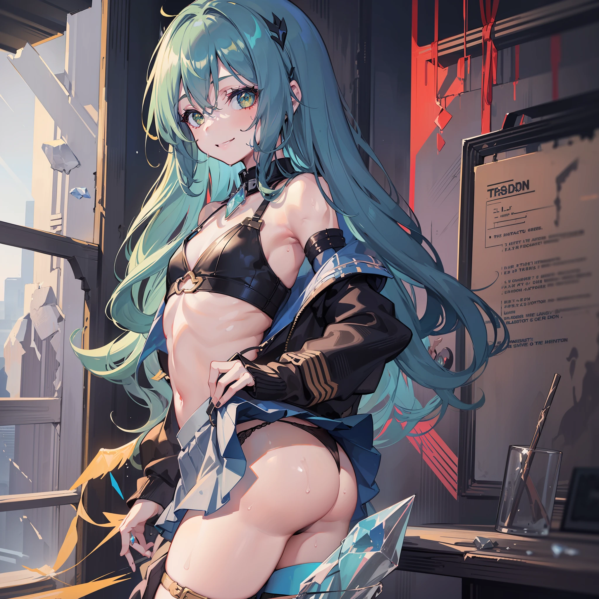 (Golden Ratio:1.2),[(black background:1.4)::10],(masterpiece), (best quality), (ultra detailed),(disheveled hair),(illustration),(1girl:1.3),solo,(domination loss:1.2)+(:1.2),flat chest,(small butt:1.3),peaxh ass,blone hair,(green eyes),(evil smile:1.3),face shadow,sweat,wet clothes,T- shirt,mini skirt,(Underpants:1.2)+(skirt lifted to reveal panties)+(overlooking the viewer:1.4),(the girl's behind wings maden of the colorful crystal stone:1.4), (chaotic geometric images:1.3),(nagative space:0.8),(drawing board:1.3), (ether colorful ink flowing:1.3)(athletic body:1.2),(standing on the barbed wire:1.2)+(laboratory-ruins:1.3)+[(Inception:1.2)]