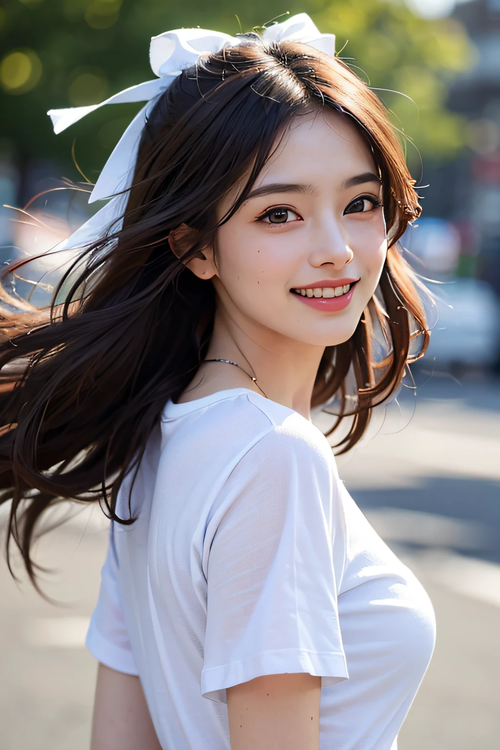 (8k, RAW Photography,beste-Qualit, A high resolution:1.1), (hiper realistic:1.4),(realisitic, photoreallistic:1.3), Soft light,big chest out,babes,lifelike face,Realistic body,real-looking-skin,absurderes,巨作,(cute-cute:1.8), Cuties, 独奏, (hugebreast:1.2), Detailed black eyes,Innocent eyes,blusher,(tshirts:1.2),Cinema Lights,Film Grain,jewlery,耳Nipple Ring,((Medium hair:1.1)),((floating hair novafrogstyle)),Cherry-colored lips,Hair Ribbon,Hair Bow,poneyTail,a closeup,lookig at viewer,length hair, Upper body body, Open lips, Upper teeth, (smiling eyes:0.6), ((Grinning:1.2)),depth of ﬁeld, blurry backround, eyes focus, Bokeh,jung, 85mm Lens, F/1.4,professionally lit, jung,portlate,Photon Mapping,Radio City,physicallybased rendering,no-bra、,CG Social Trends、Plastic En、((Black Long Hair))、((a  beautiful female))、(a smile)、Fashionable、(A sexy)、hair flowing in wind、((Flowing hair))、Happy -、fashion magazine、((lighting like a movie))、Paris,