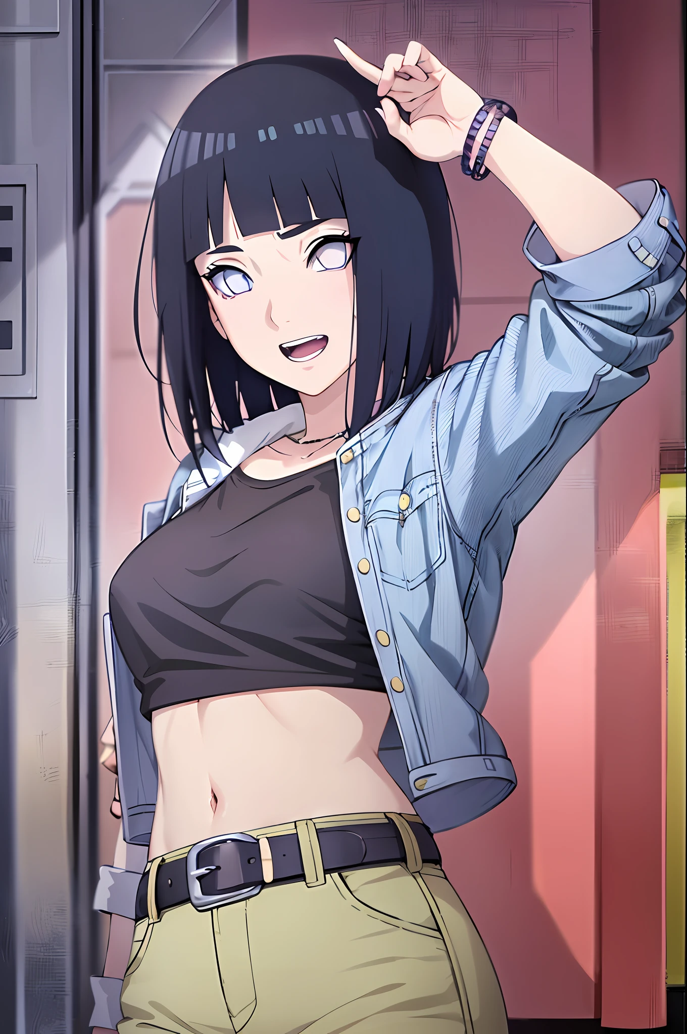 (masterpiece, 2k, anime style:1.9, front shot, cute smile, cute face, open mouth, correct finger anatomy, open jacket, (white crop top, casual trousers, belt, bracelet)), hinata\(boruto\), mature female, standing, (curvy:0.8), (short hair, hime cut), (dark blue hair color:1.1), white, big breasts, flat belly, perfect eyes, anime eyes, smoky eyeliner, eyeshadow, perfect face, shy, sharp focus, professional artwork, intricate details, colorful, vibrant colors, vivid colors, digital blending, ultra detailed body, ultra detail hair, ultra detail face, trending on pixiv, very hot colors, sunrays, leaning sideway
