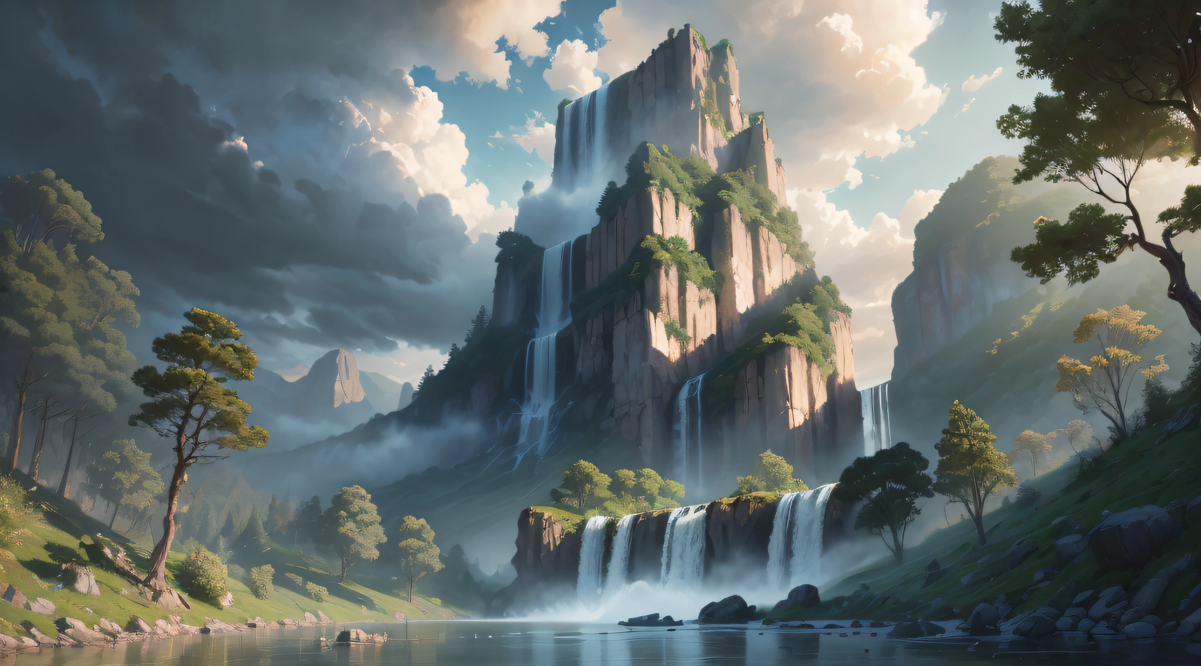 (A magical forest with a stream and high waterfalls.:1.1), Motor irreal, cinematiclighting, arte conceitual, Chiaroscuro, profundidade de campo, UHD, ((super detalhe, alta qualidade, melhor qualidade, preciso, 16k)),1772Pixels-1280Pixels, natural scenery, fora, HDR, ornamentado, alto detalhe, detalhes intrincados, hiperdetalhado:1.15, fundo detalhado, Water and paint, (estilo de (Greg Rutkowski:1.0) e (Darryl Zabrocki:0.8) e (Andreas Rocha:0.8):1.2), rochas gigantescas, sky with clouds, ..lua, piso, Planetas,