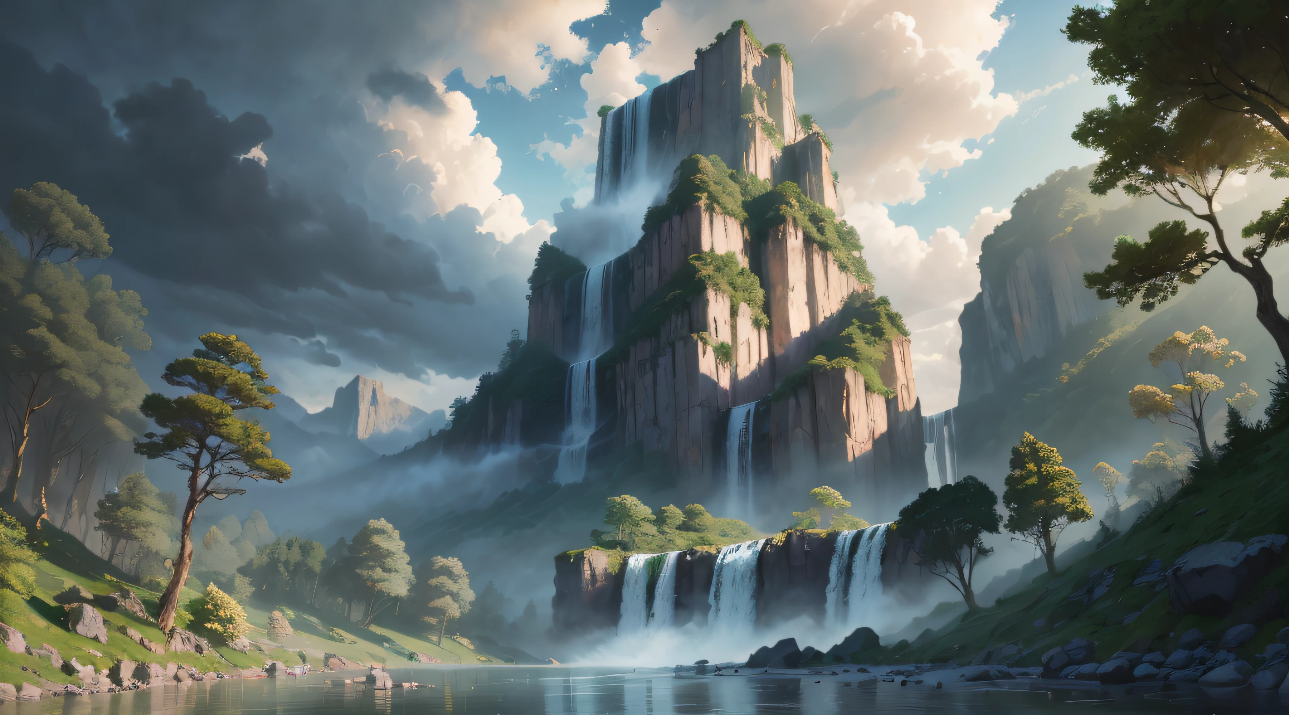 (A magical forest with a stream and high waterfalls.:1.1), Motor irreal, cinematiclighting, arte conceitual, Chiaroscuro, profundidade de campo, UHD, ((super detalhe, alta qualidade, melhor qualidade, preciso, 16k)),1772Pixels-1280Pixels, natural scenery, fora, HDR, ornamentado, alto detalhe, detalhes intrincados, hiperdetalhado:1.15, fundo detalhado, Water and paint, (estilo de (Greg Rutkowski:1.0) e (Darryl Zabrocki:0.8) e (Andreas Rocha:0.8):1.2), rochas gigantescas, sky with clouds, ..lua, piso, Planetas,