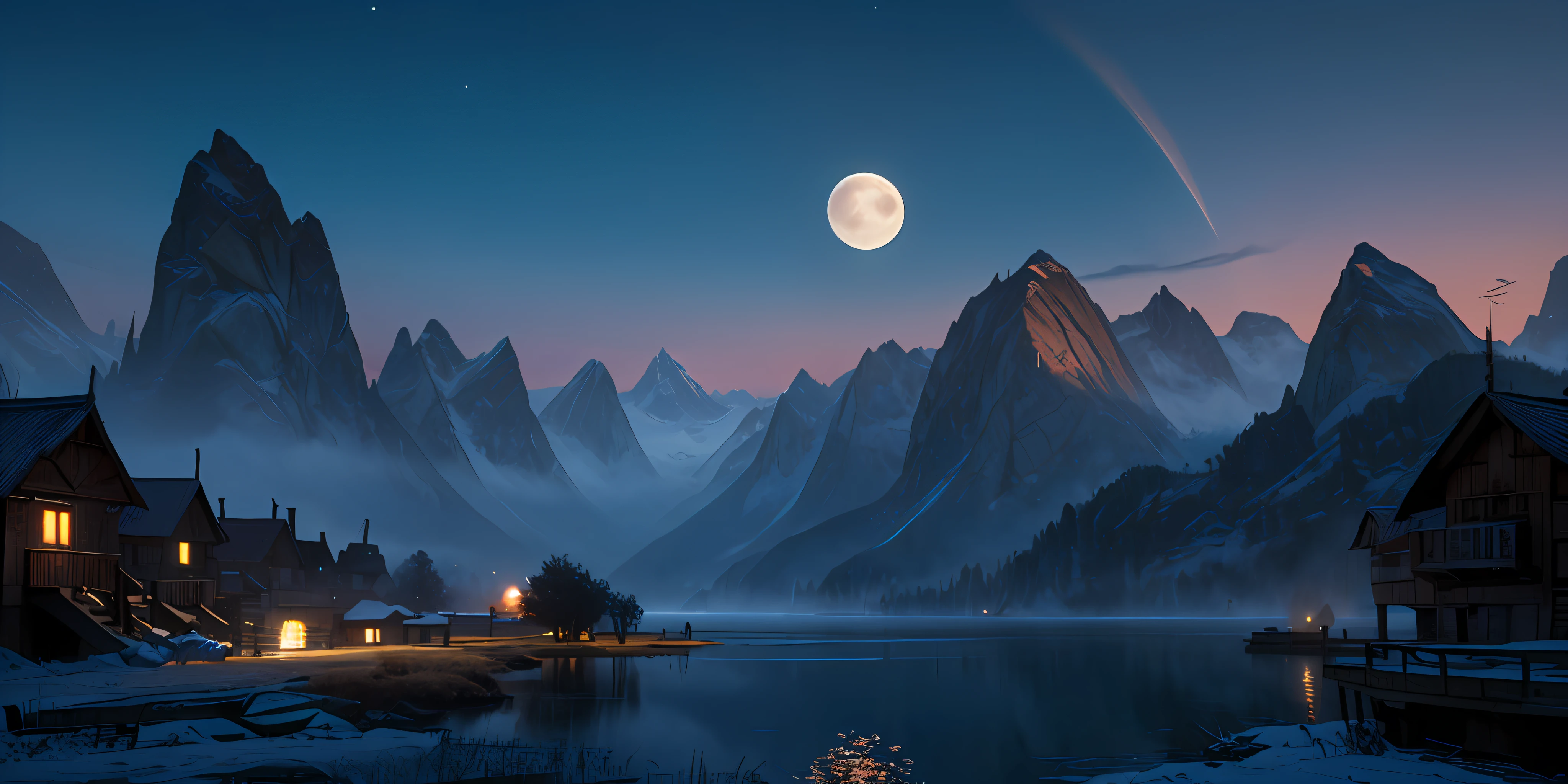 mountains and a lake and a beautiful village with a moon in the sky, dark night time, village is the only source of light, 4k highly detailed digital art, 4 k hd wallpaper very detailed, impressive fantasy landscape, sci-fi fantasy desktop wallpaper, unreal engine 4k wallpaper, 4k detailed digital art, sci-fi fantasy wallpaper, epic dreamlike fantasy landscape, 4k hd matte digital painting, 8k stunning artwork