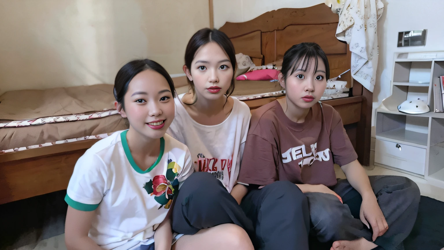 three young girls sitting on the floor in a bedroom with a bed, girls resting, photograph taken in 2 0 2 0, exclusive, personal profile picture, Young girls, family, Chinese, 3. Joy, dang my linh, Three women, A picture, Help me, taken in the early 2020s, xiang duan, yandi, bao phan, pupils