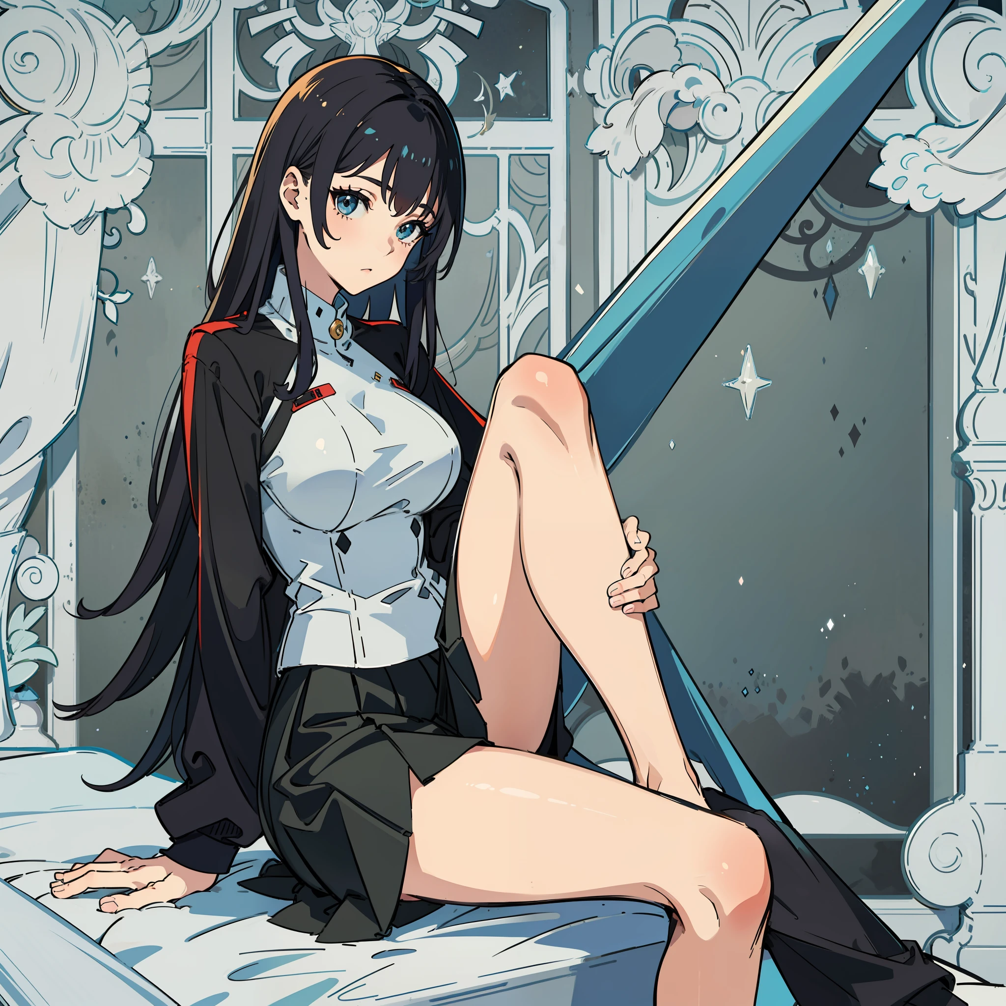 Black silk big breasts,Tight skirt with left leg,White jumpsuit on the right leg。