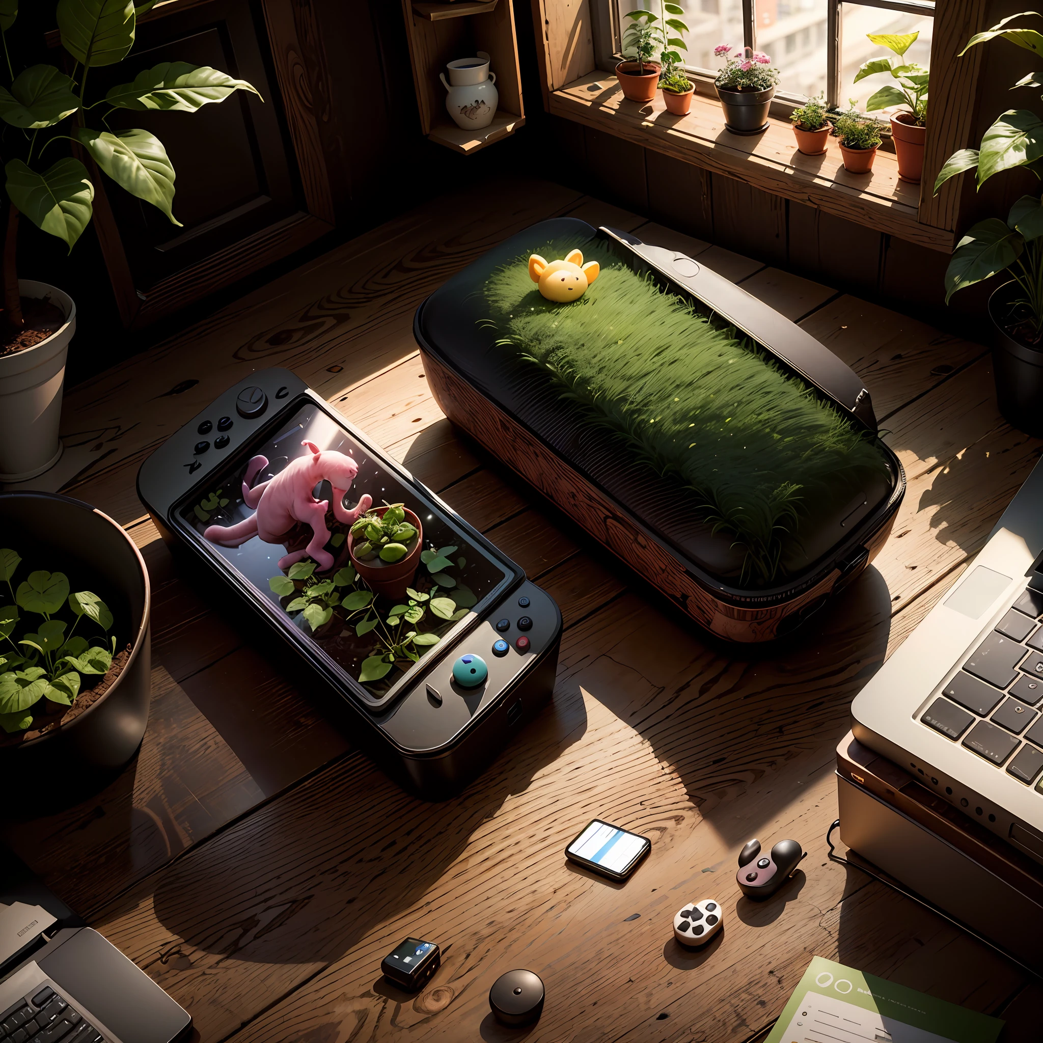 Bright workspace,There is a pink one on the dark walnut tabletop,A Nintendo controller,Accompanied by verdant potted plants and laptops,Real-world scenarios,The photograph,photography of,ultra high def