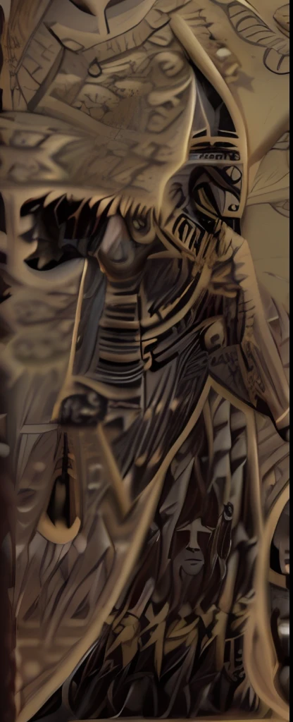 a close up of a painting of a man and a woman, lithoraph engraving, intricate image, detailed woodcut armor, ancient alien portral, intricate-detail?, detailed and intricate image, portrait batman ancient biblical, ancient symbol behind it, very intricate ultrafine details, zoomed, ancient mesopotamian warrior, fake hidden detail, photogenic details on armor
