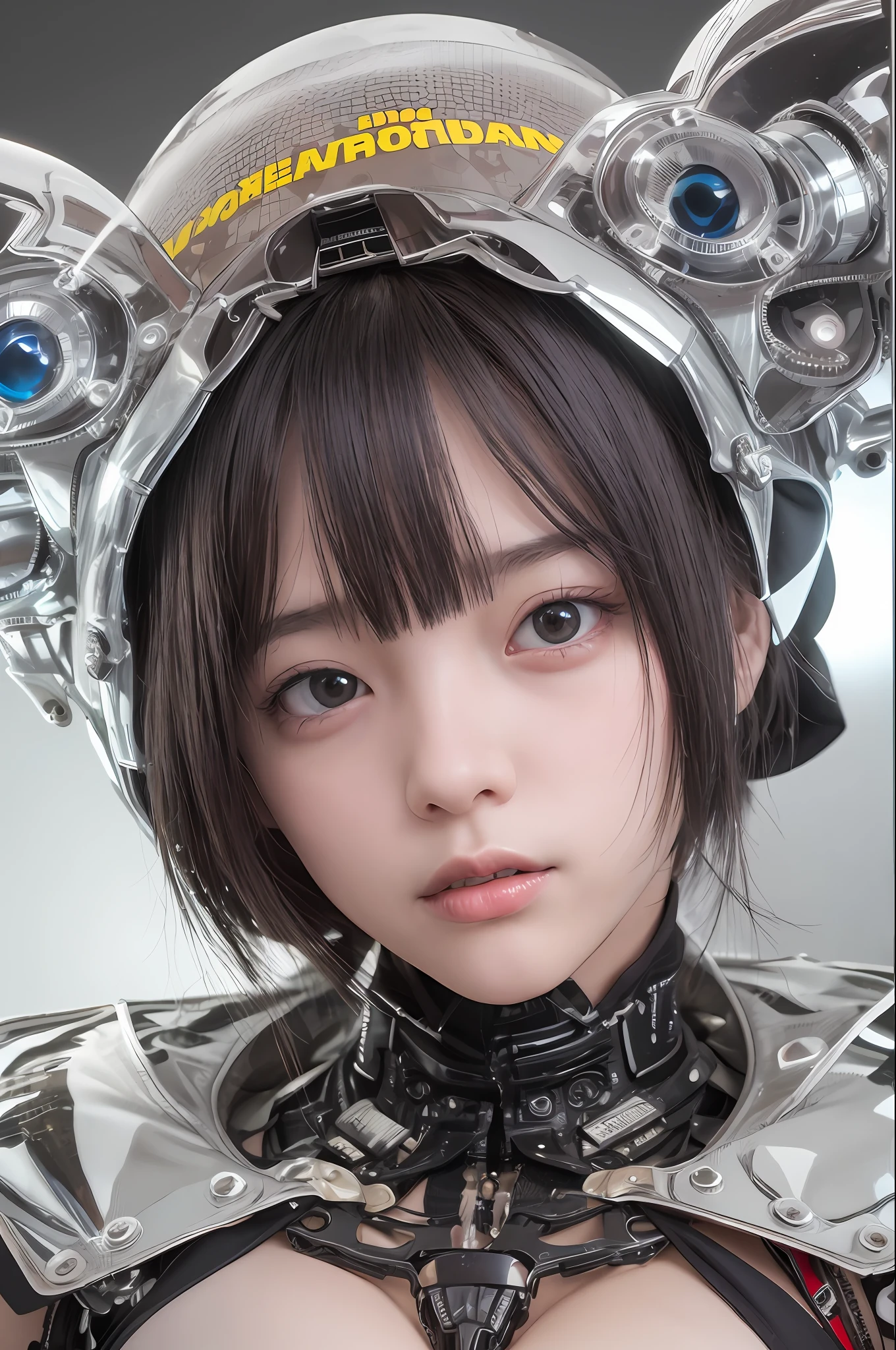 beste-Qualit、巨作、ultra-high-resolution、(photoreallistic:1.4)、Raw photo、1人、Black hair、glowy skin、1 Mechanical Girl、((hyper realistic detail))、portlate、Global Illumination、Shadow、octan render、8K、ultrasharp、Mechanical Girl、big tit、Raw skin is exposed in cleavage、Details of complex ornaments、Gundam details、extremely intricate detail、Realistic light、CGSoation Trends、purple-eyed、radiant eyes、Facing the camera、neon details、Mechanical limbs、blood vessels connected to tubes、Mechanical vertebrae attached to the back、mechanical cervical attaching to neck、sitting on、Wires and cables connecting to the head、Small LED lamp、Fluorescent glowing tubes、