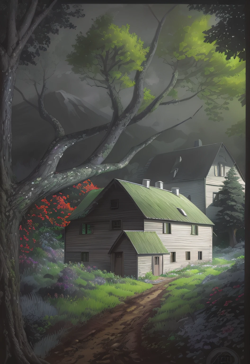 a barn in the woods with a tree and a road, house in the wood, inspired by Grzegorz Domaradzki, fantasy mixed with realism, the house in the forest with background mountain, house on a hill, house in forest, mostly greyscale, realistic fantasy illustration, full coloring, fantasy setting, ultra HD.