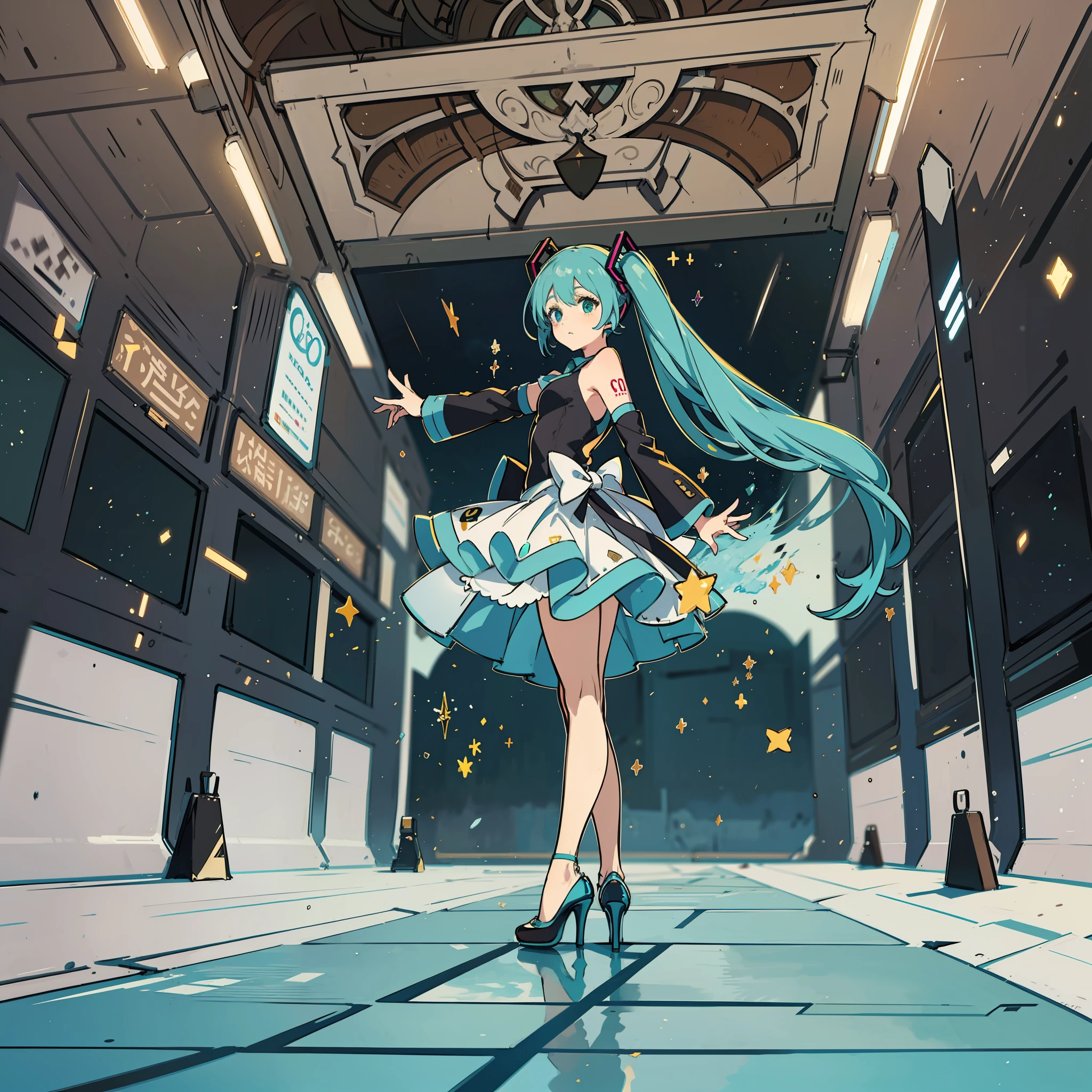 Hatsune Miku wears high heels，Stand gracefully in blurry light，Use the right lens effects and lighting treatments for your features，Create high quality、Picture with outstanding detail。