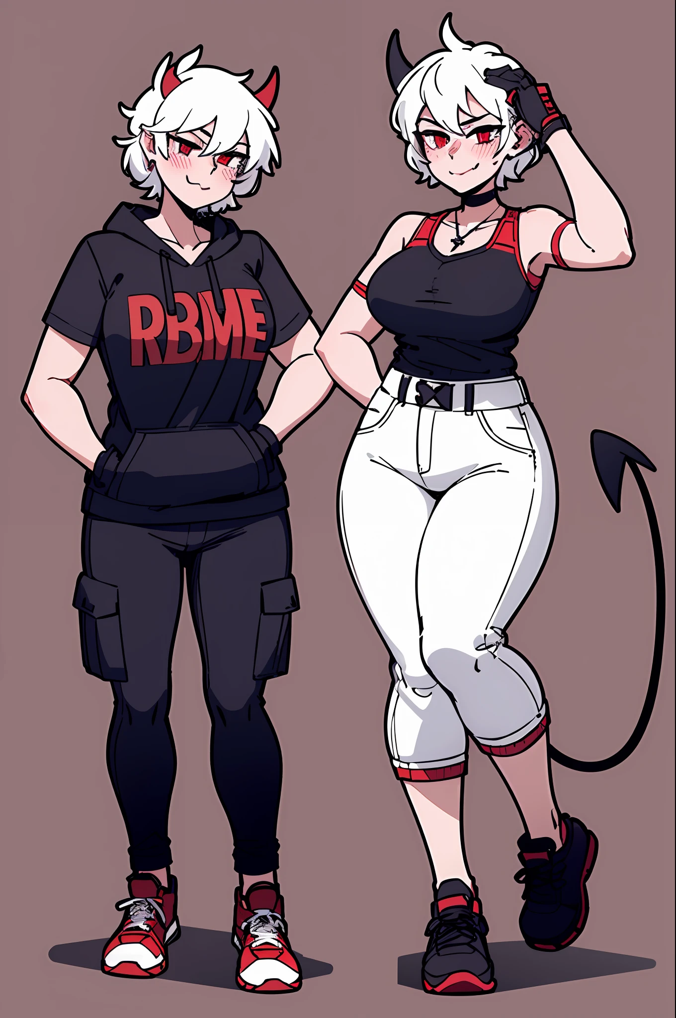 2 girls, close together, height difference, hand on another's head, short and tall, short sleeve hoodie, black fingerless gloves, breasts, arms at sides, wide hips, blush, blushing, thick thighs, night, cross necklace, heart eyes, full body shot, horns on head, demon tail, black white and red outfit, red black and white background colors, black cargo shorts, white hair, tomboy, tall, short hair, smirk, smug, sneakers, running shoes, rolled up pants, exposed calf's, exposed thighs,