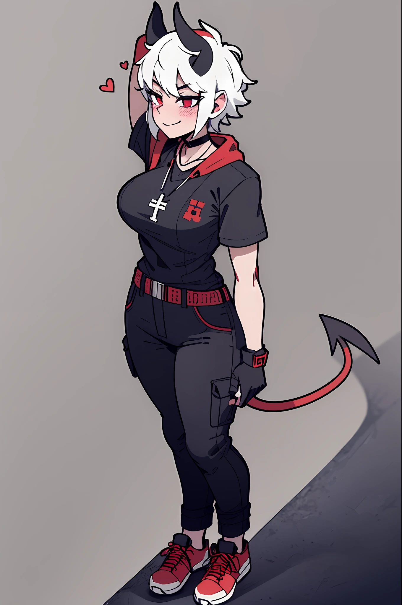 2 girls, close together, height difference, hand on another's head, short and tall, short sleeve hoodie, black fingerless gloves, breasts, arms at sides, wide hips, blush, blushing, thick thighs, night, cross necklace, heart eyes, full body shot, horns on head, demon tail, black white and red outfit, red black and white background colors, black cargo shorts, white hair, tomboy, tall, short hair, smirk, smug, sneakers, running shoes, rolled up pants, exposed calf's, exposed thighs,