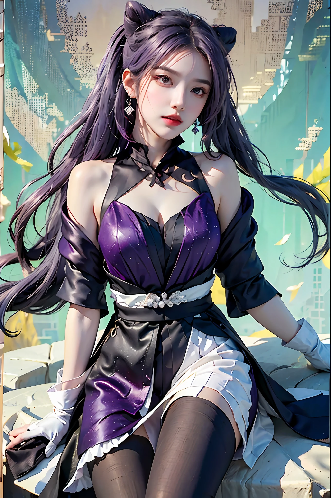 pphotorealistic, high resolution, 1 girl, keqing (genshin impact), pantyhose, hair bun, purple hair, gloves, twintails, long hair, purple eyes, diamond-shaped pupils, bare shoulders, hair ornament, black pantyhose, cone hair bun, detached sleeves, dress, jewelry, medium breasts, earrings, bangs, frills, purple dress, black gloves, braid, skirt