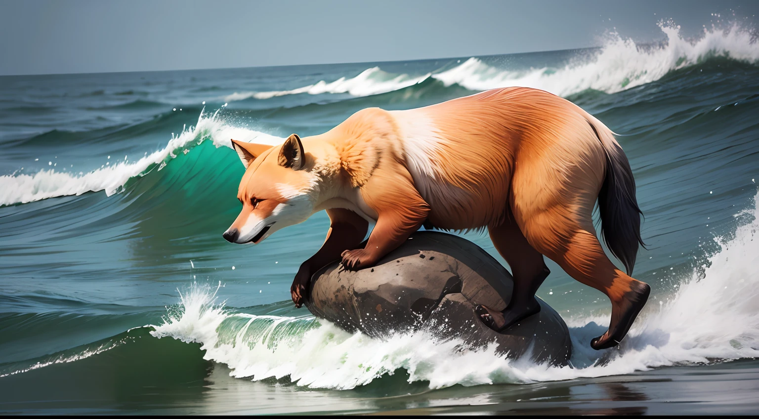In the sea, a bear caught a fox with its paws