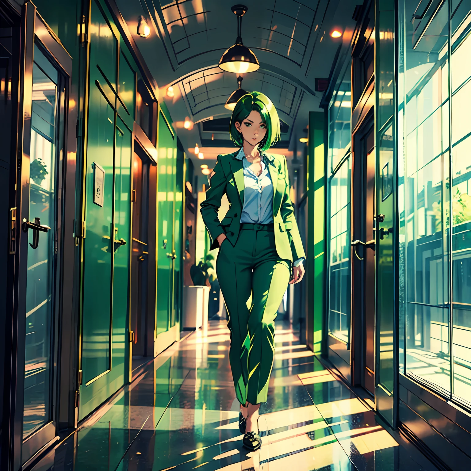 A 40-year-old woman，Green short bob hair，Green suit，Glass corridor