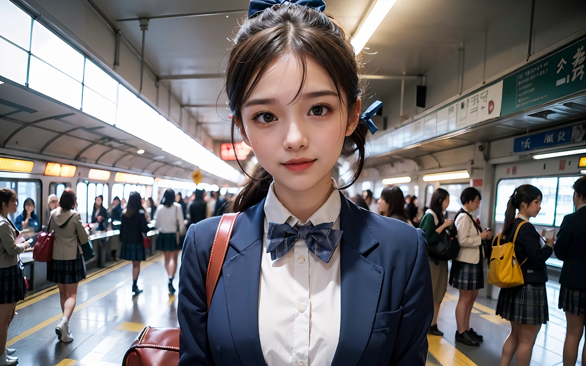 ((巨作))), (((beste-Qualit))), ((ultra hyper-detailed)), (ultra realisitic), (High Definition CG Illustration), Cinematic Light, photoreallistic,Very beautiful 16 year old girl、morning、((So that the whole body is reflected:1.2))、((Good anatomy:2))、((jpn、Station Platform、High school girl carrying school bag))、((Crisp smile、Red cheeks))、((Dark brown hair、Long ponytail hair))、Detailed eye、detailed faces、kawaii、Beautiful skins、((Dark blue blazer、a bow tie、Plaid pleated skirt、White bag for school:1.2))、Detailed fabric texture、(japanese train、Station、traffic jam、People commuting to work々、Blur background)、Morning light、Don't expose it、((Silver Train))