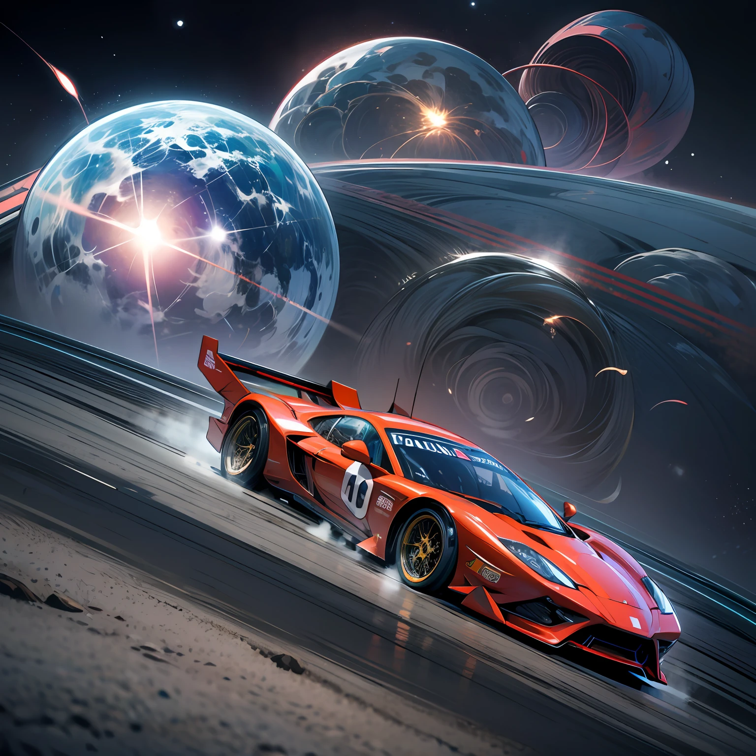 (Masterpiece, Best Quality), High Resolution, (8K Resolution), (Ultra Detailed), Spacecraft, The picture depicts a car race between planets, the car flies directly in space, two racing cars are rapidly flying towards the camera, supercar, high-tech jet engine, colorful planets and nebulae in the background, headlights dragging streamer, time-lapse photography, more detail, realism, photo texture