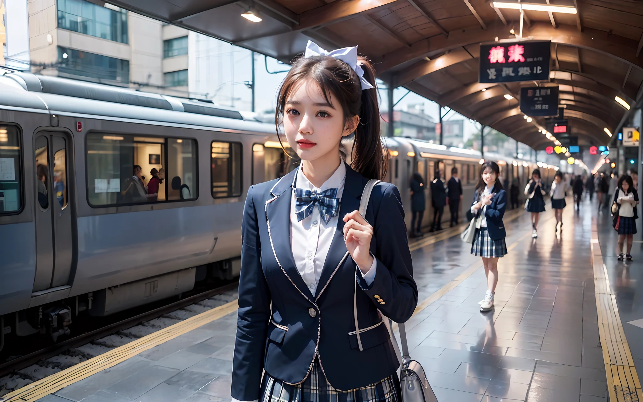 ((巨作))), (((beste-Qualit))), ((ultra hyper-detailed)), (ultra realisitic), (High Definition CG Illustration), Cinematic Light, photoreallistic,Very beautiful 16 year old girl、morning、((So that the whole body is reflected:1.2))、((Good anatomy:2))、((jpn、Station Platform、High school girl carrying school bag))、((Crisp smile、Red cheeks))、((Dark brown hair、Long ponytail hair))、Detailed eye、detailed faces、kawaii、Beautiful skins、((Dark blue blazer、a bow tie、Plaid pleated skirt、White bag for school:1.2))、Detailed fabric texture、(japanese train、Station、traffic jam、People commuting to work々、Blur background)、Morning light、Don't expose it、((Silver Train))