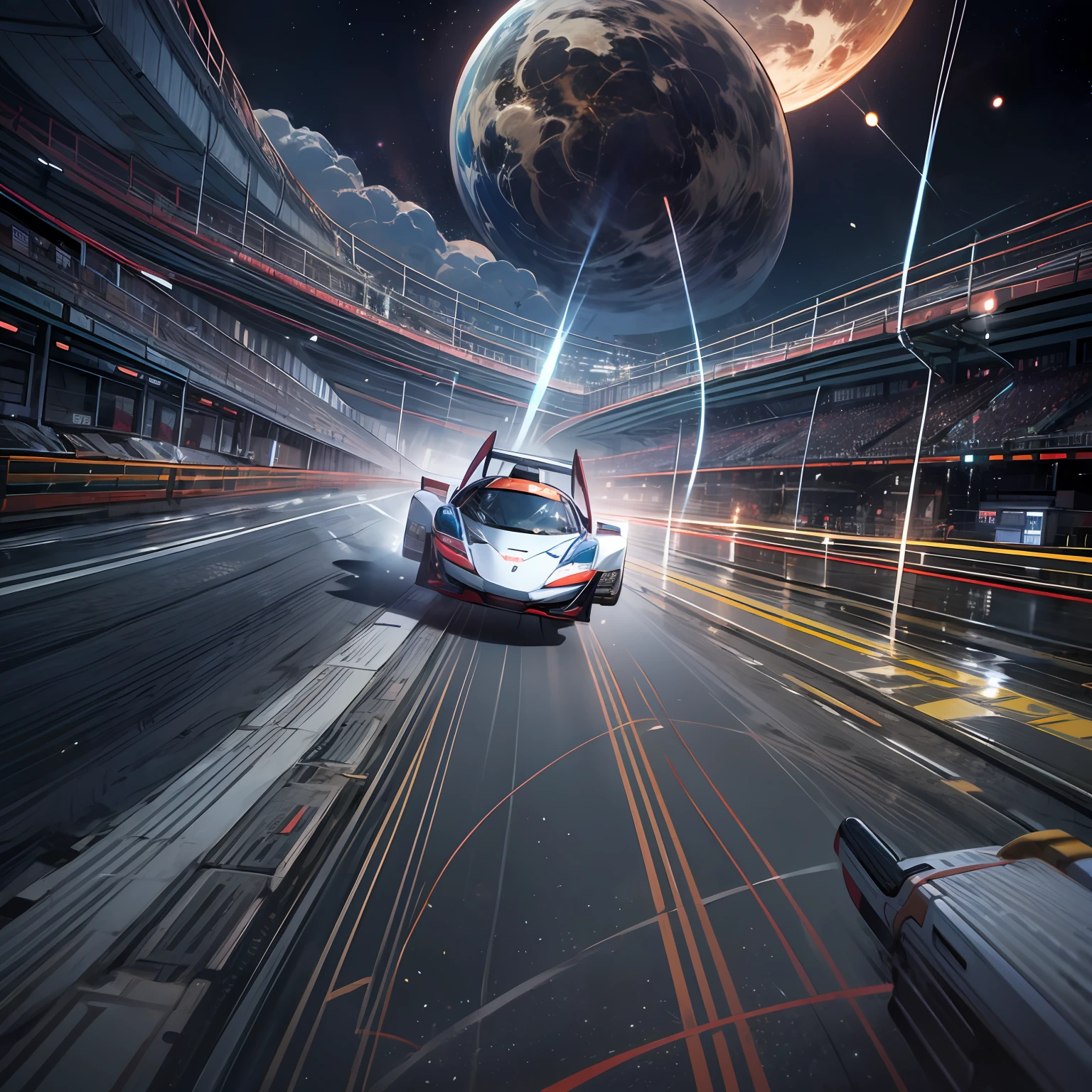 (Masterpiece, Best Quality), High Resolution, (8K Resolution), (Ultra Detailed), Spacecraft, The picture depicts a car race between planets, the car flies directly in space, two racing cars are rapidly flying towards the camera, supercar, high-tech jet engine, colorful planets and nebulae in the background, headlights dragging streamer, time-lapse photography, more detail, realism, photo texture