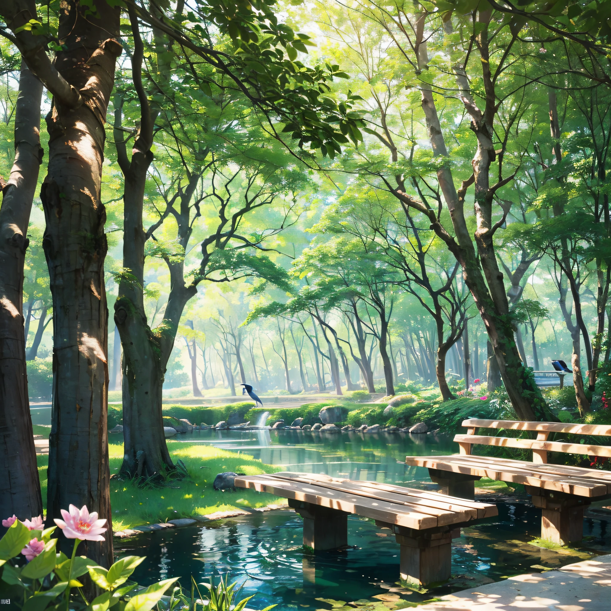 Background: (meticulously crafted: 1.3), (awe-inspiring detail: 1.3), (breathtaking beauty: 1.3), (intricately depicted: 1.3), (stunning visual spectacle: 1.3), (lush greenery: 1.2), (vibrant flowers in full bloom: 1.2), (majestic trees providing shade: 1.2), (impeccably paved paths: 1.2), (inviting atmosphere: 1.2), (sparkling pond with crystal-clear water: 1.3), (reflective like a mirror: 1.2), (colorful birds fluttering through the trees: 1.2), (life and serenity: 1.2), (charming benches and picnic areas: 1.2), (relaxation and enjoyment: 1.2), (carefully rendered lighting: 1.3), (play of sunlight and beautiful shadows: 1.3), (enchanting and captivating: 1.3), (transporting viewers to a world of natural beauty and tranquility: 1.3)