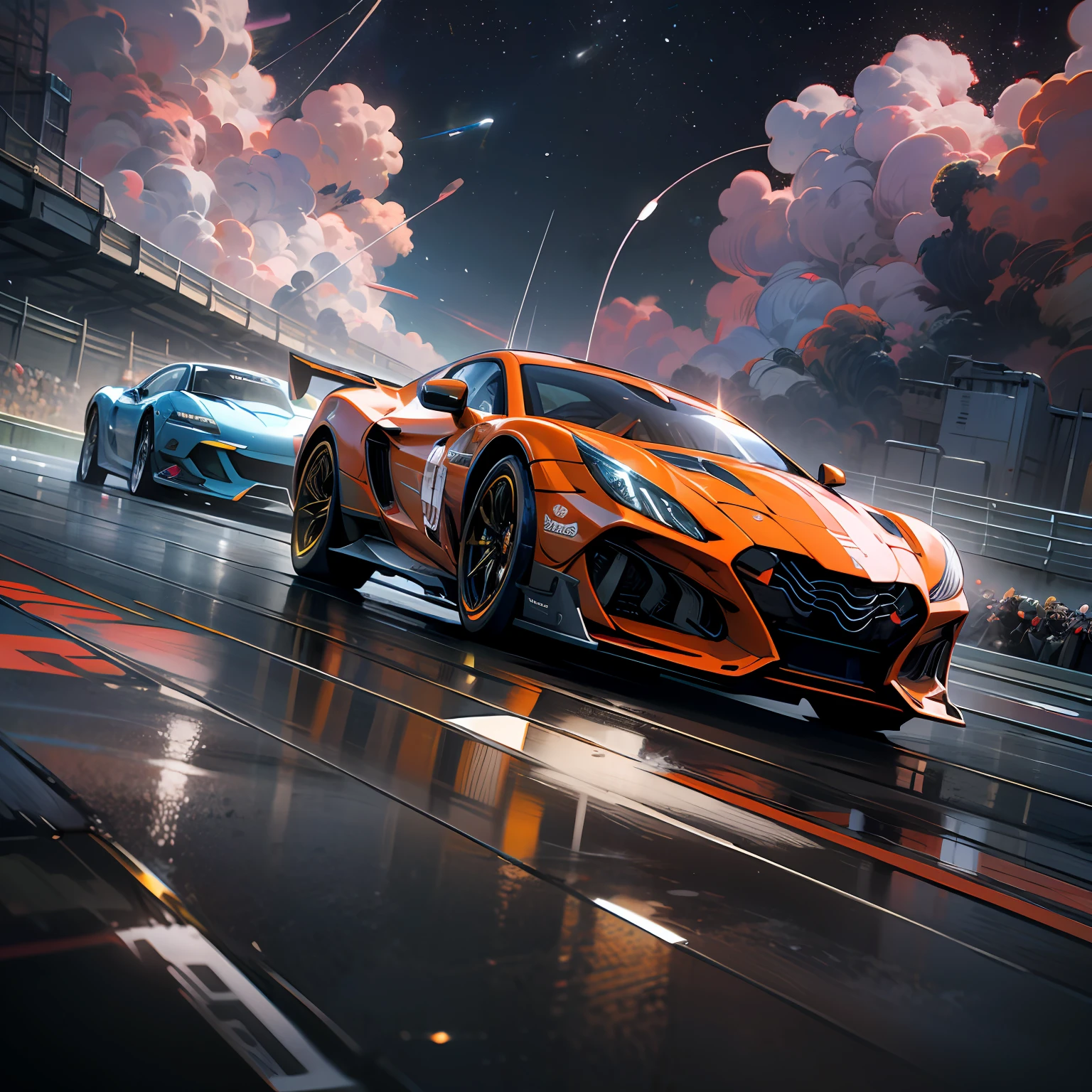 (Masterpiece, Best Quality), High Resolution, (8K Resolution), (Ultra Detailed), Spacecraft, Picture depicting a car race between planets, cars flying directly in space, two racing cars flying rapidly towards the camera, super sports car, high-tech jet engine, colorful planets and nebulae in the background, headlights dragging streamers, hyper-realistic, more detail, low saturation, realism, photo texture
