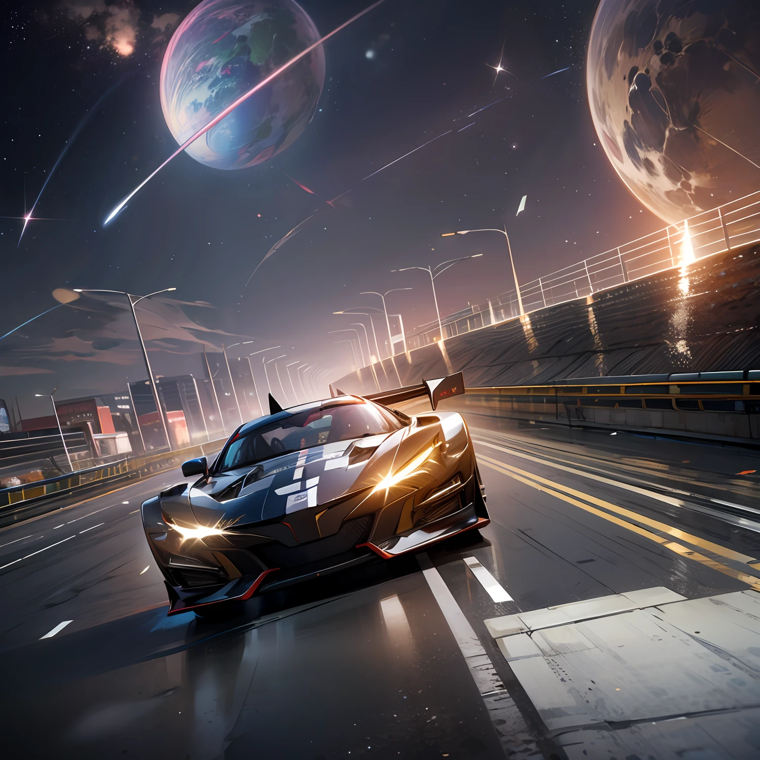 (Masterpiece, Best Quality), High Resolution, (8K Resolution), (Ultra Detailed), Spacecraft, Picture depicting a car race between planets, cars flying directly in space, two racing cars flying rapidly towards the camera, super sports car, high-tech jet engine, colorful planets and nebulae in the background, headlights dragging streamers, hyper-realistic, more detail, low saturation, realism, photo texture