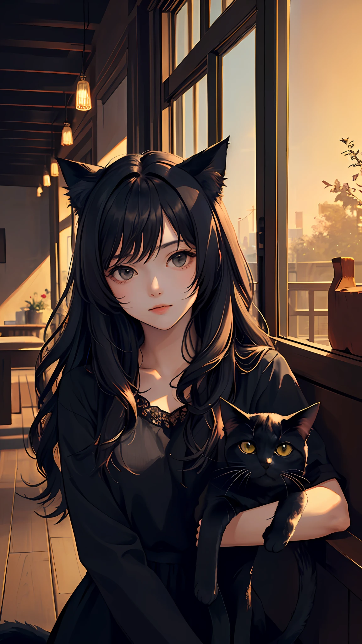 (masterpiece, best quality:1.4), 1girl, looking at viewer, 
(wavy hair:0.8), long hair, 
(on front), (cinematic:0.8), black theme, cat girl, 
{upper body|cowboy shot},
{night|morning|dawn}, 
{indoors|outdoors}, 
{sitting|standing|ground},